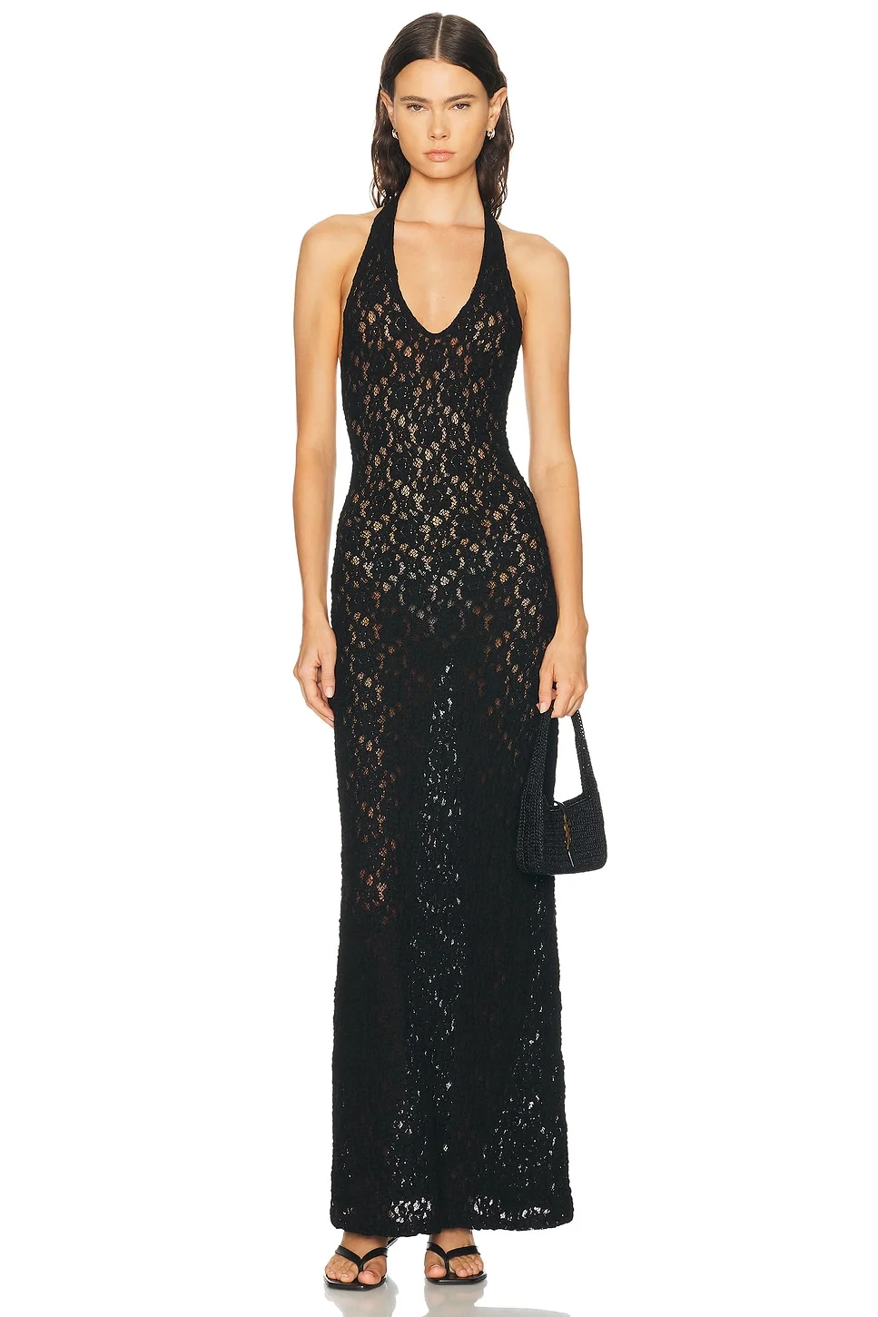 Puckered Lace Halter Dress - 1