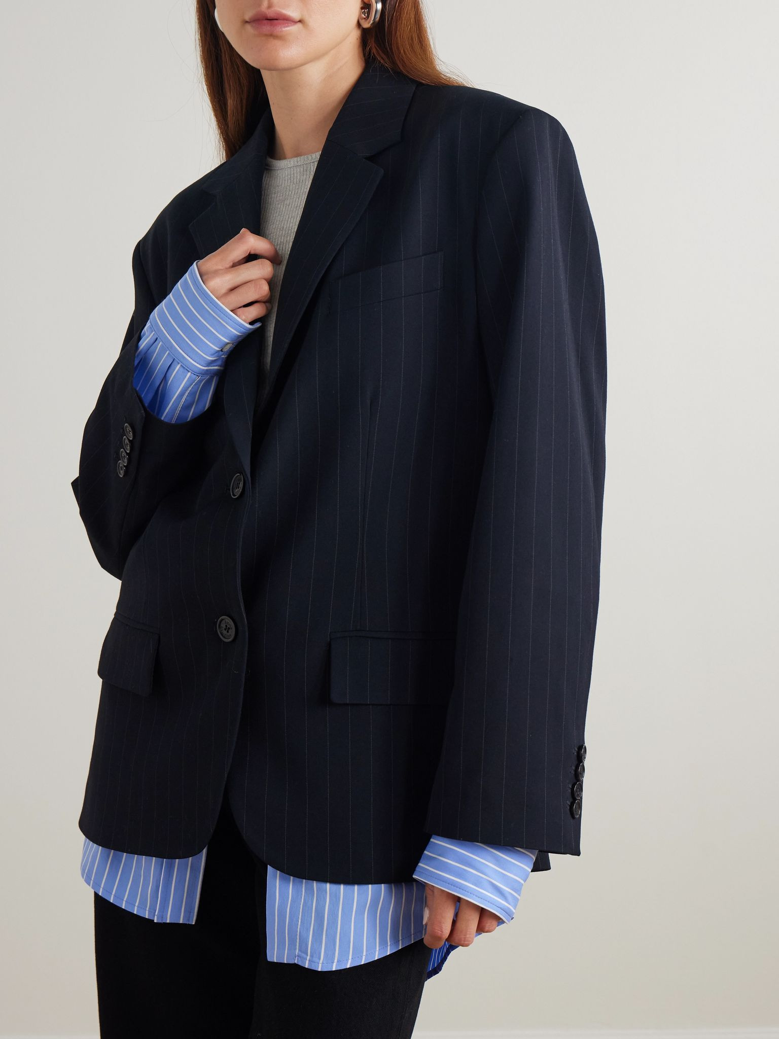 Layered striped twill blazer Navy - 3