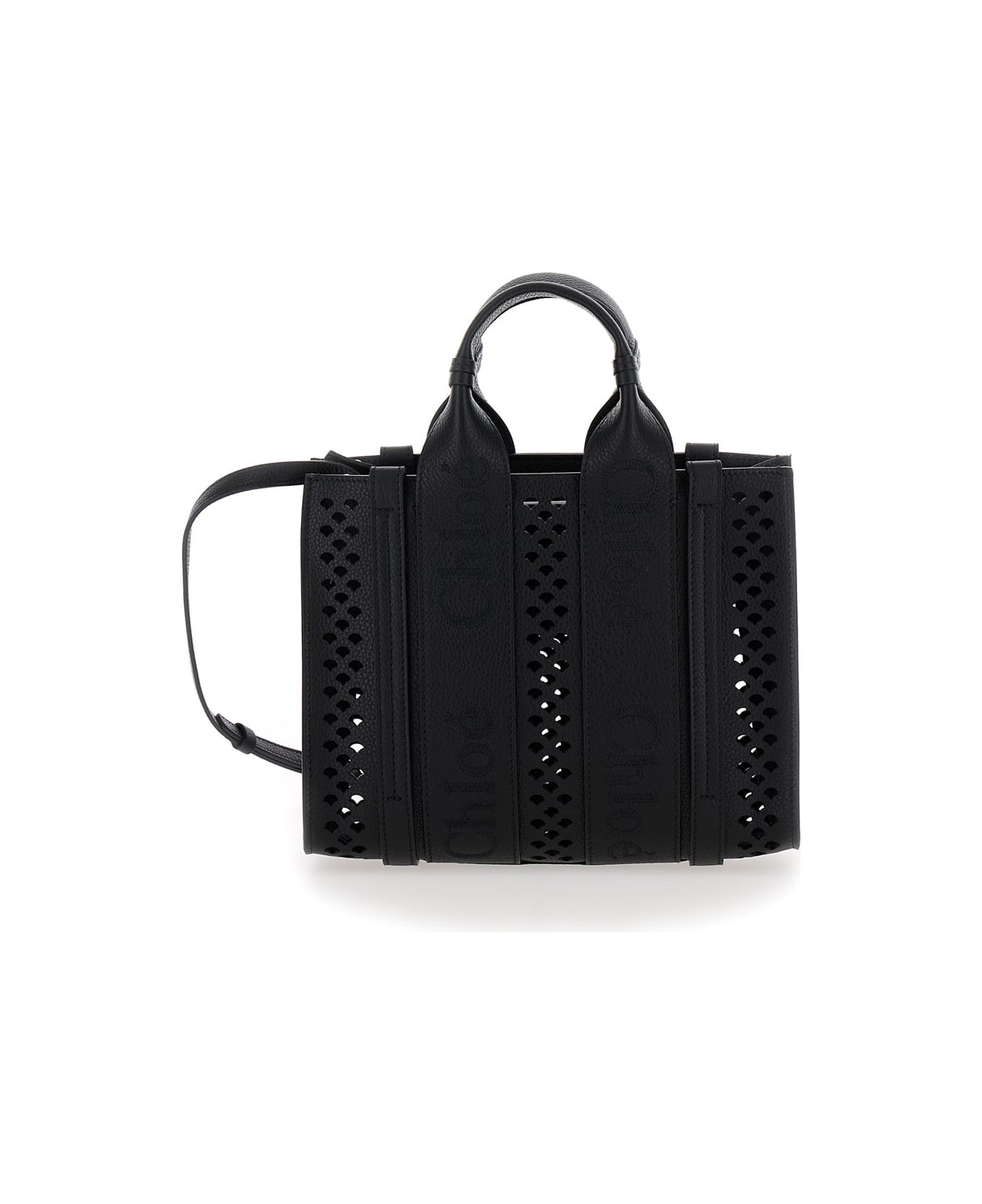 'piccola Woody' Black Tote Bag With Perforated Edges And Logo In Grained Leather Woman - 1