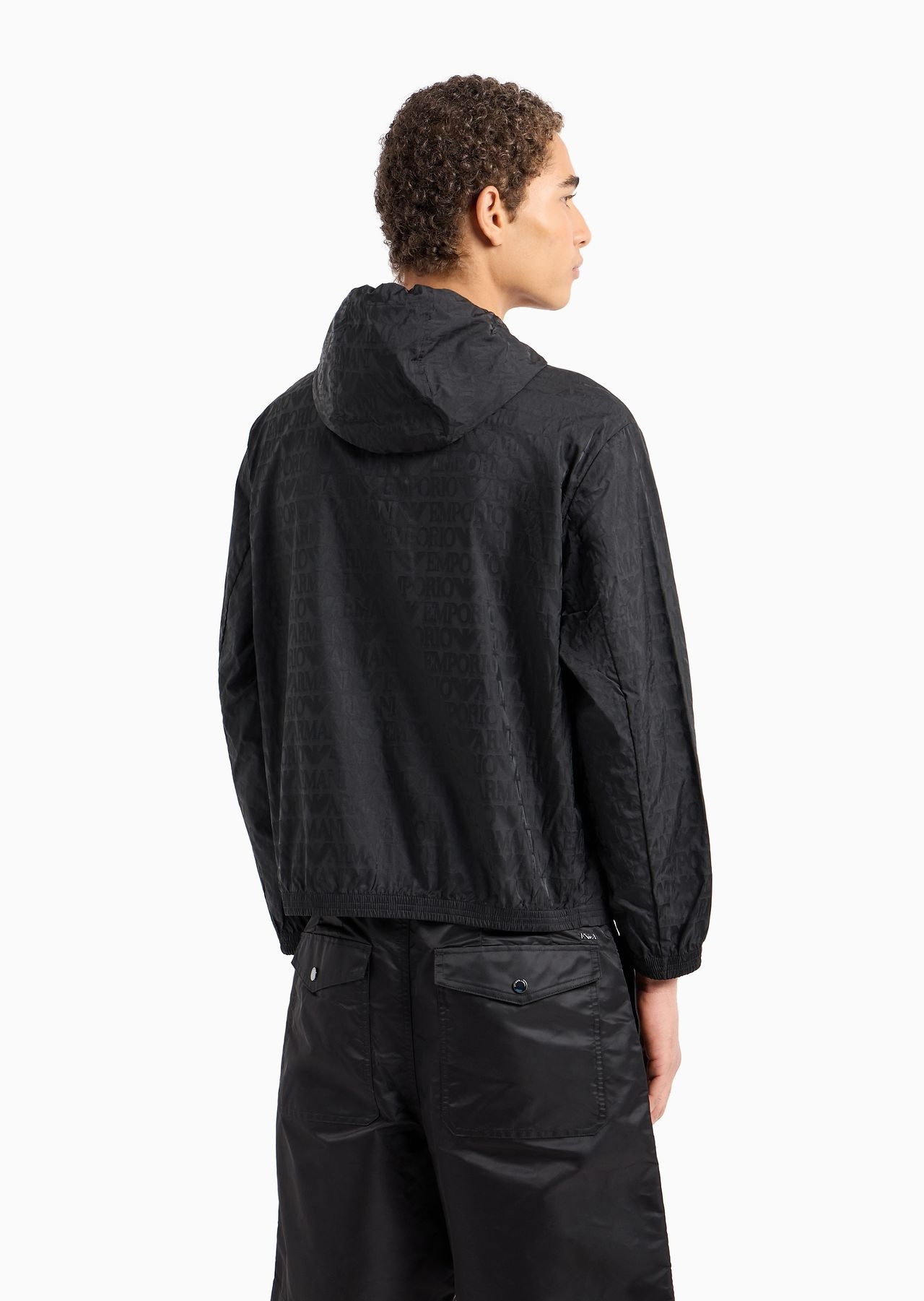 Lightweight nylon, hooded zip-up blouson with all-over jacquard lettering - 3