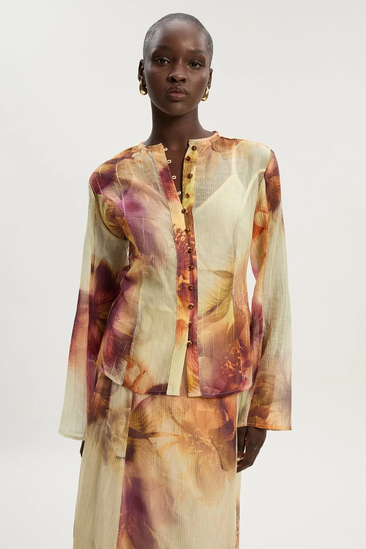Floral Print Crinkle Georgette Button Detail Woven Blouse - 1