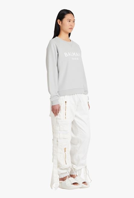 Light gray eco-designed cotton sweatshirt with white Balmain logo print - 7