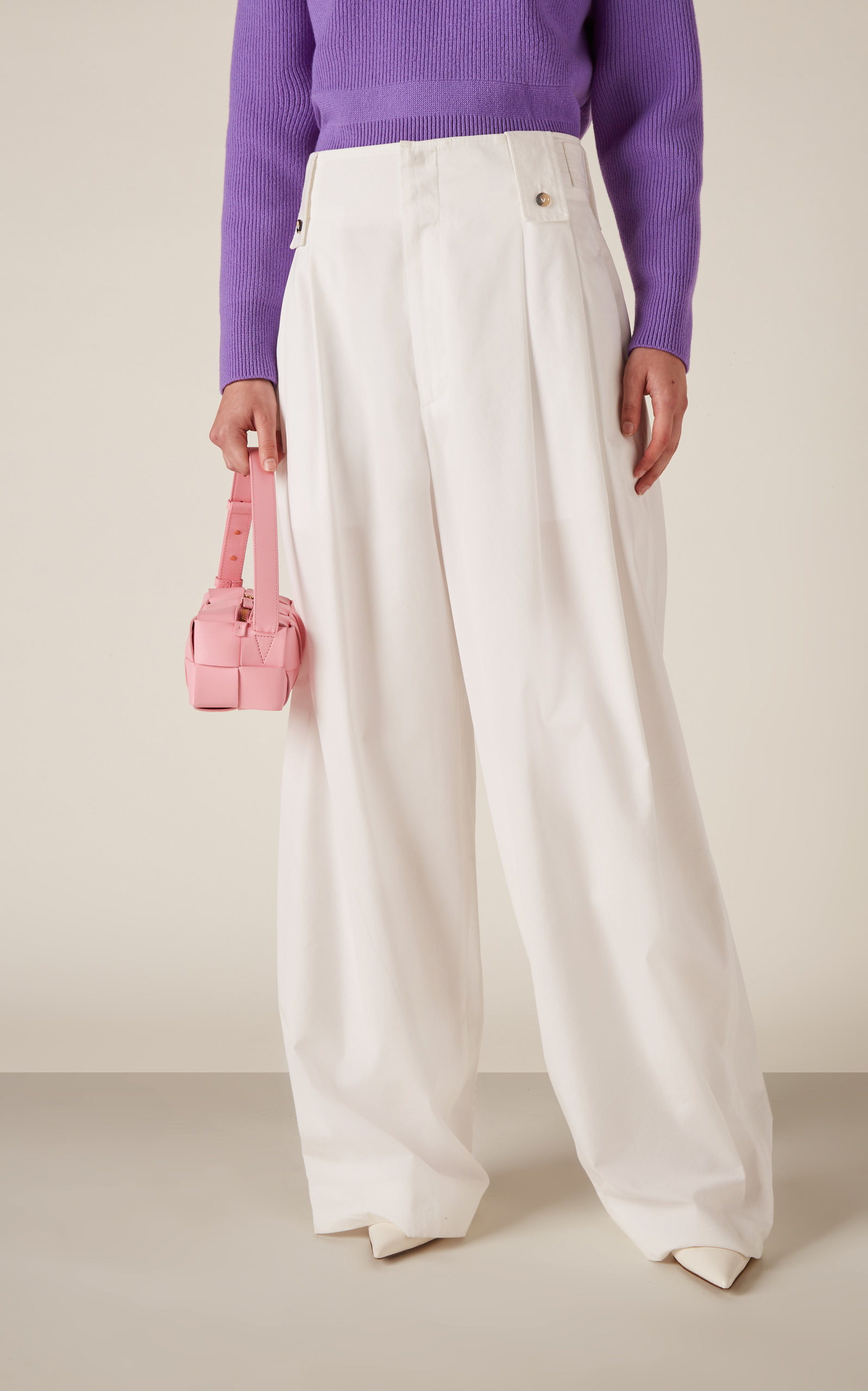 Pleated Compact Cotton Wide-Leg Pants white - 3