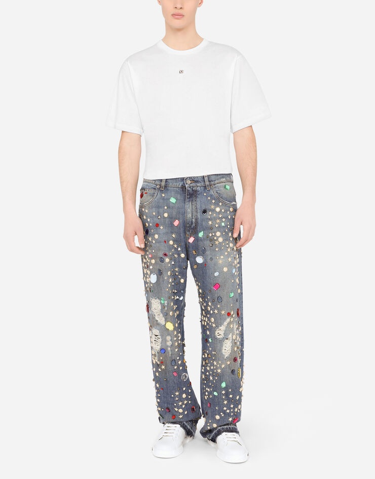 Oversize blue wash jeans with crystal and stud embellishment - 6