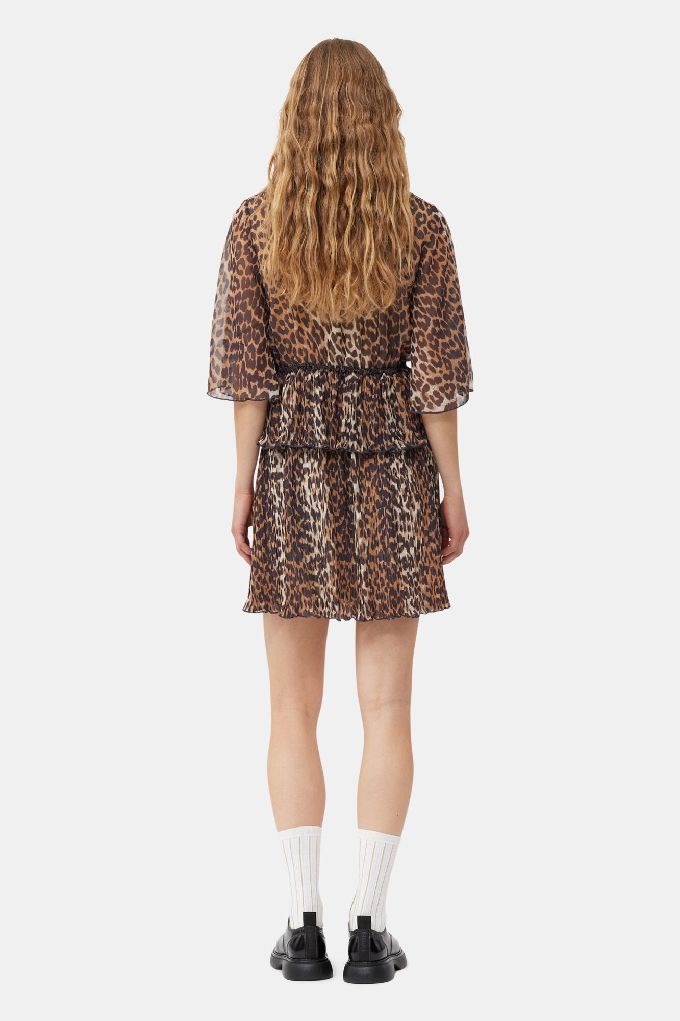 LEOPARD PLEATED GEORGETTE V-NECK FLOUNCE MINI DRESS - 3