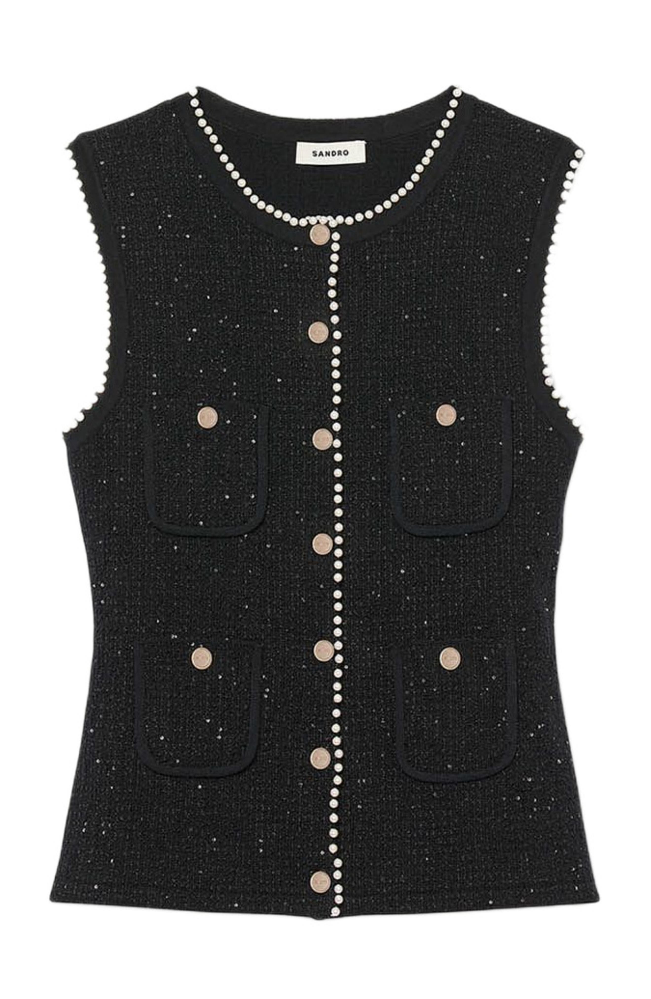 SANDRO Decorative tweed waistcoat in Black at Nordstrom - 5