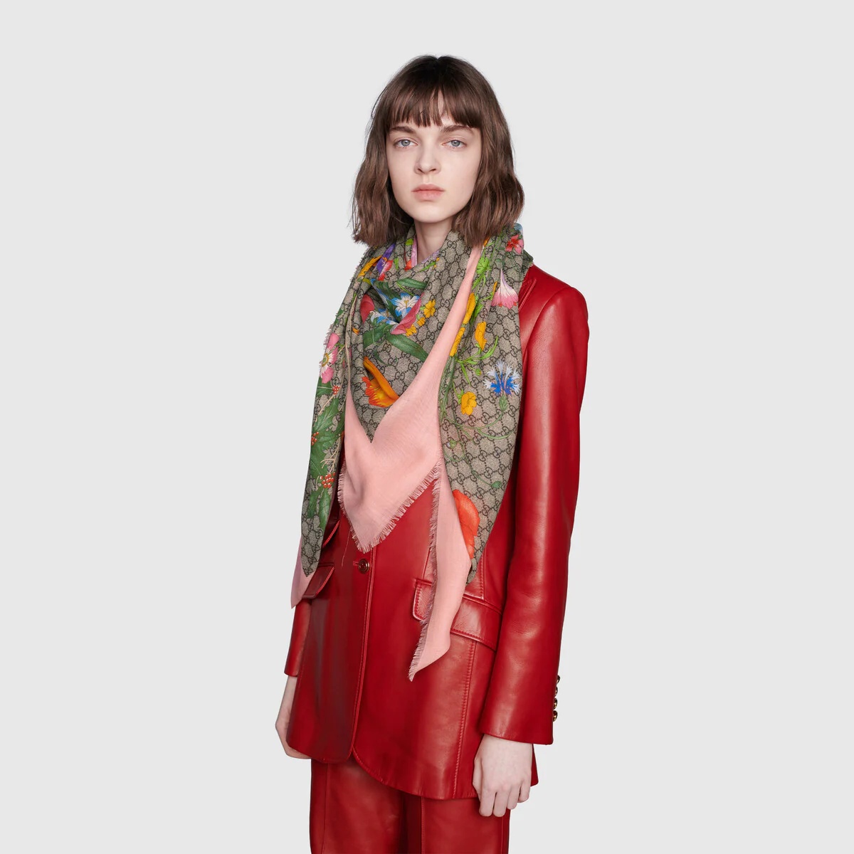 GG Flora print wool silk shawl - 3