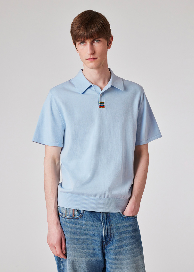 Pale Blue Organic Cotton 'Signature Stripe' Knitted Polo Shirt 3
