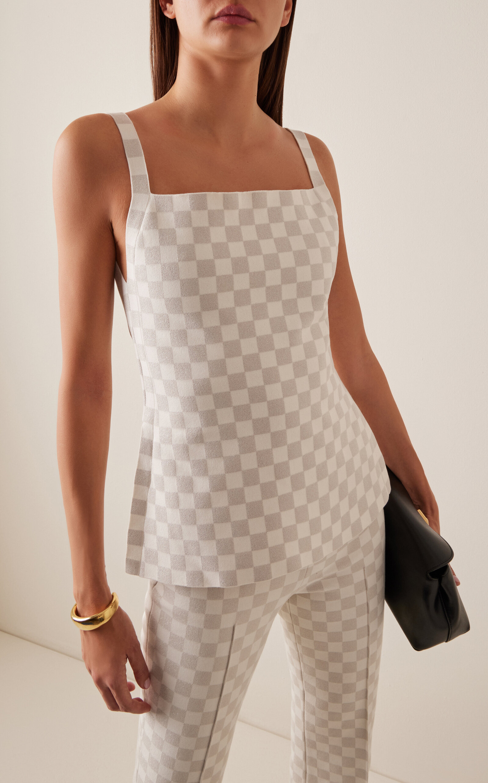 Exclusive Asher Checked Cotton-Blend Knit Apron Top ivory - 2