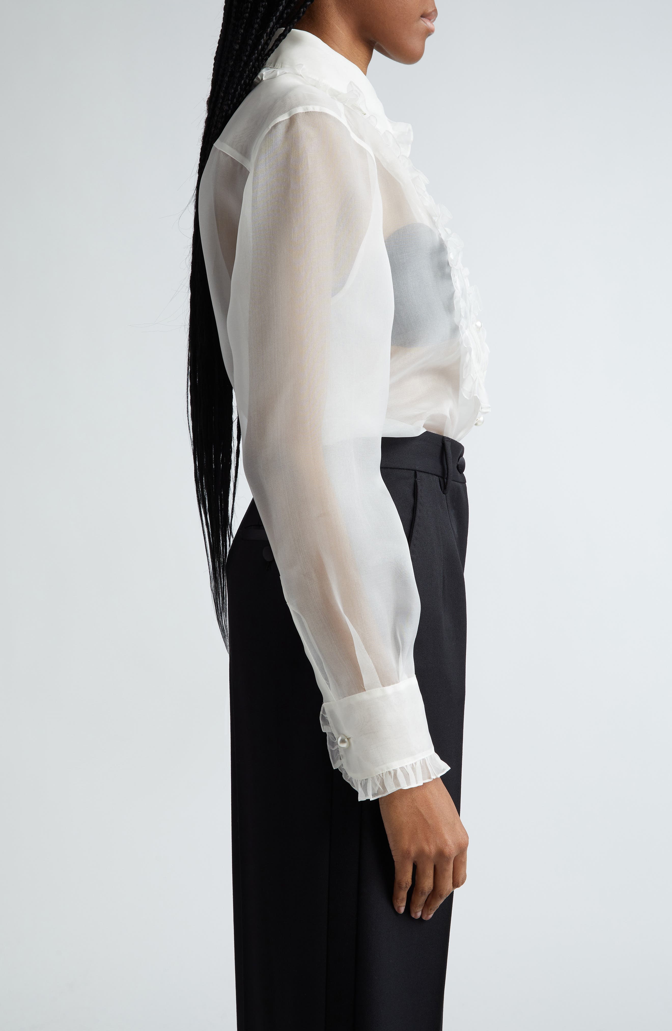 Ruffle Bib Silk Button-Up Shirt - 4