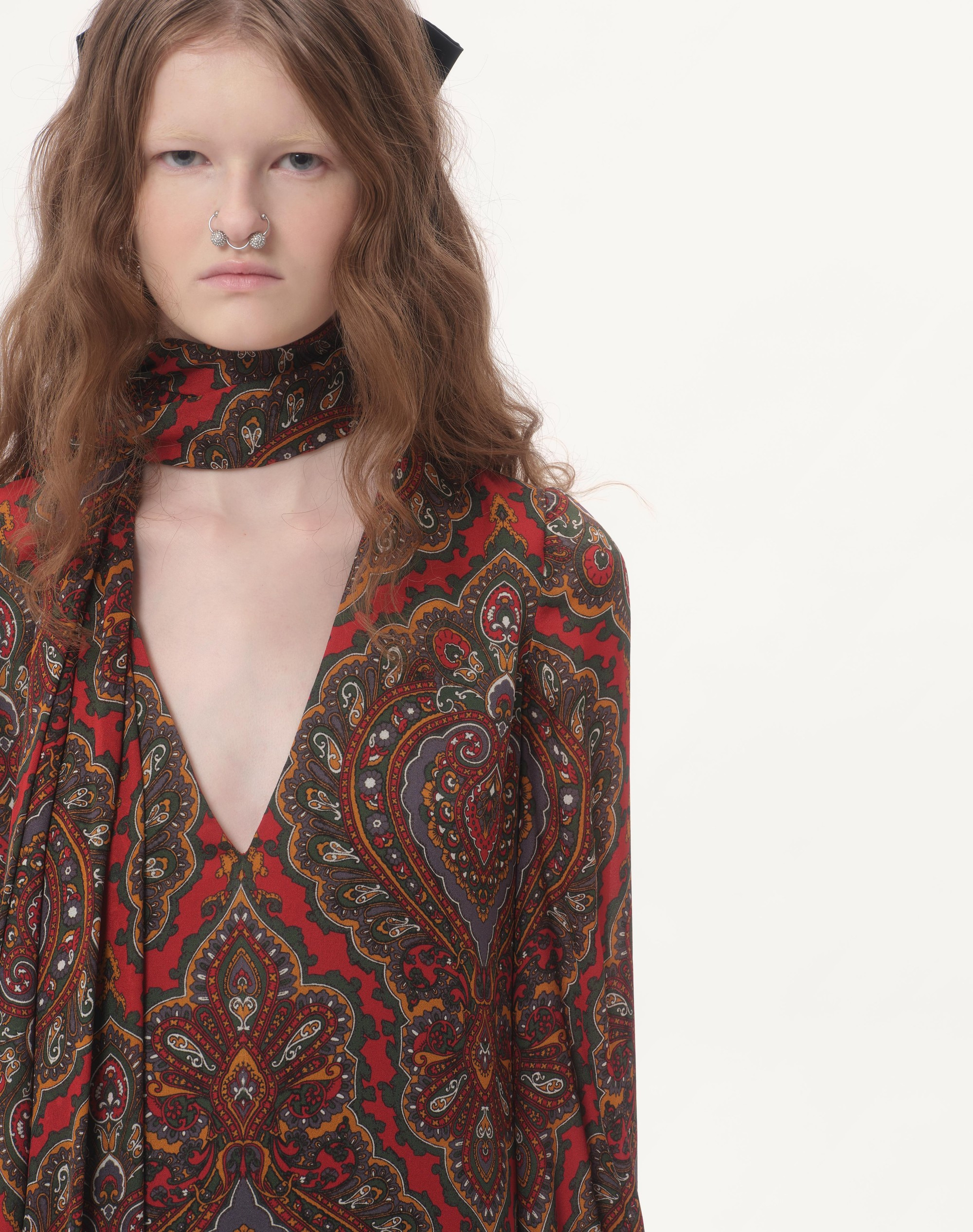 GEORGETTE MIDI DRESS WITH VOYAGE IMAGINAIRE CASHMERE PRINT WITH FEATHERS - 5