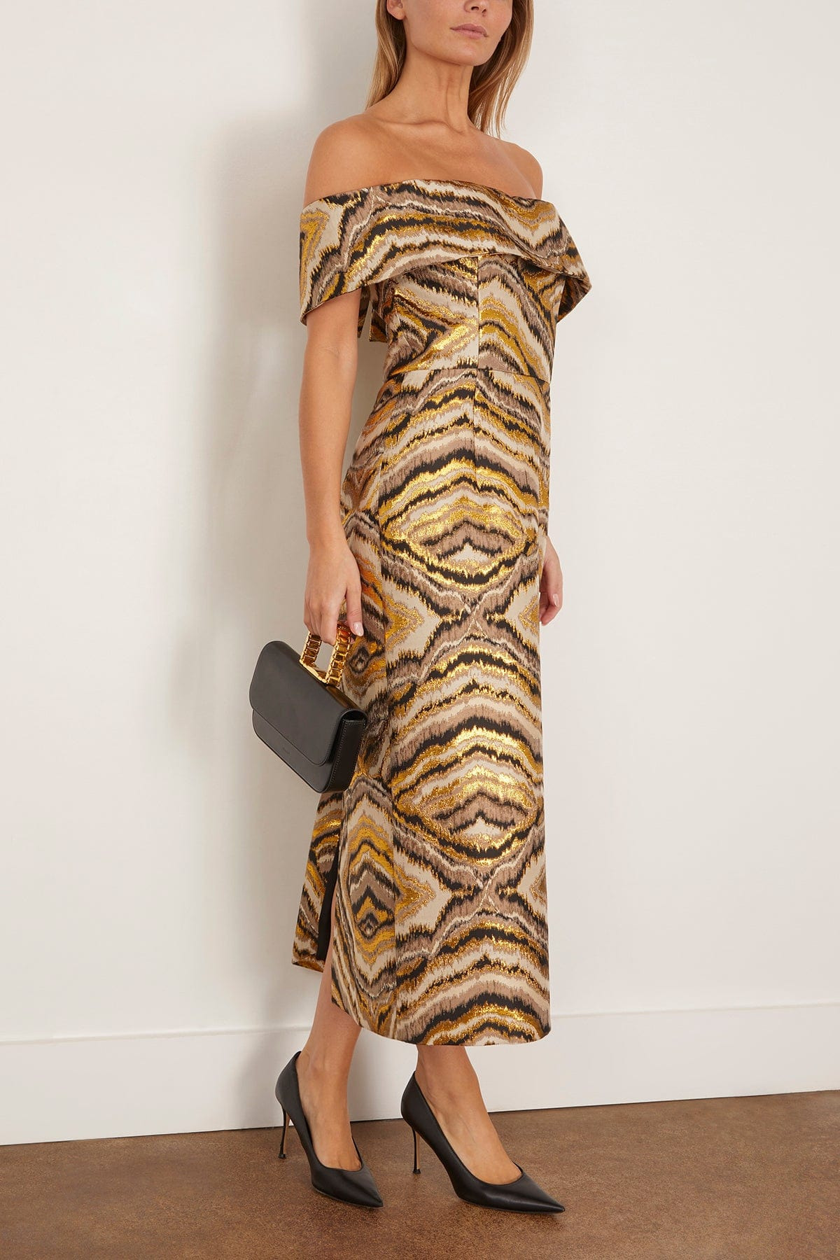 Gloria Jacquard Off The Shoulder Midi Dress in Metallic Woodgrain - 2