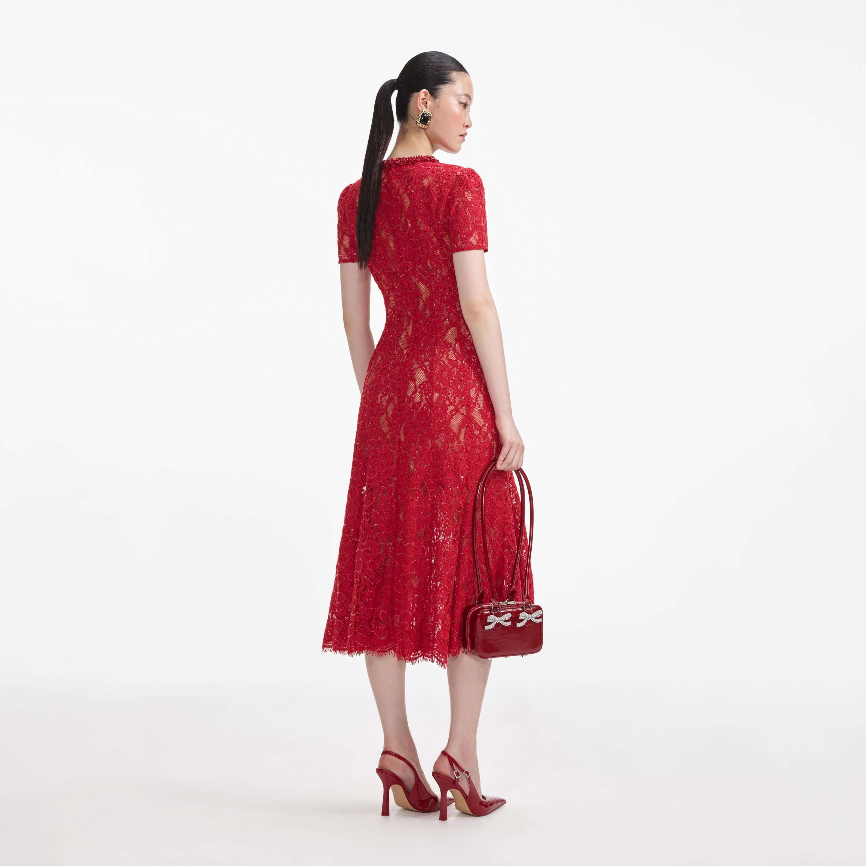 Red Sequin Lace Midi Dress - 3