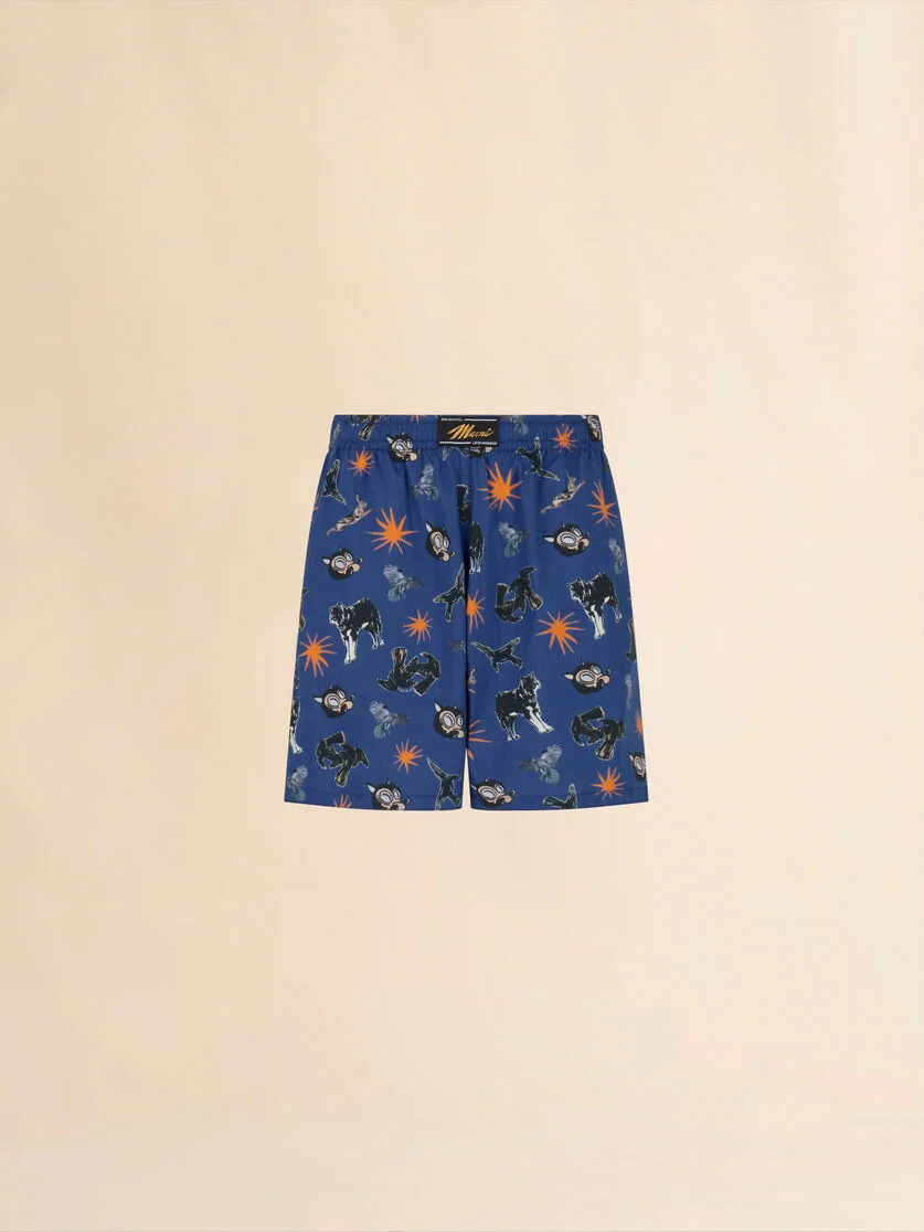 BLUE POPLIN BERMUDA SHORTS WITH WOLVES, RAVENS AND DOVES PRINT - 1