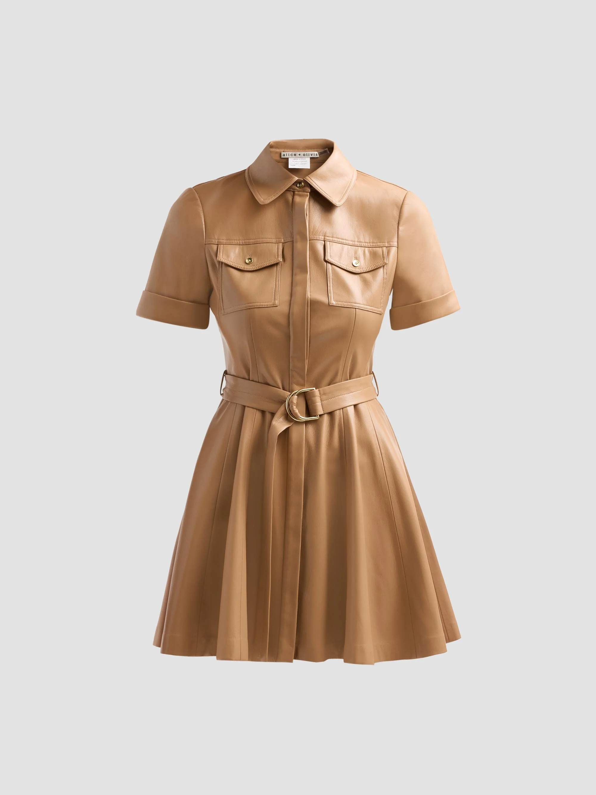 Women's Lucy Faux Leather Belted Mini Shirtdress - Tan - 1