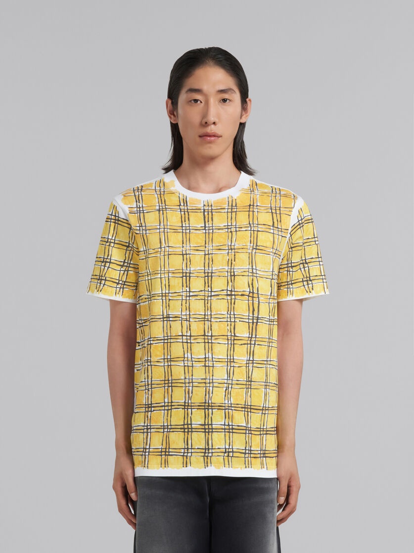 YELLOW BIO COTTON T-SHIRT WITH IRREGULAR CHECKED PRINT - 2