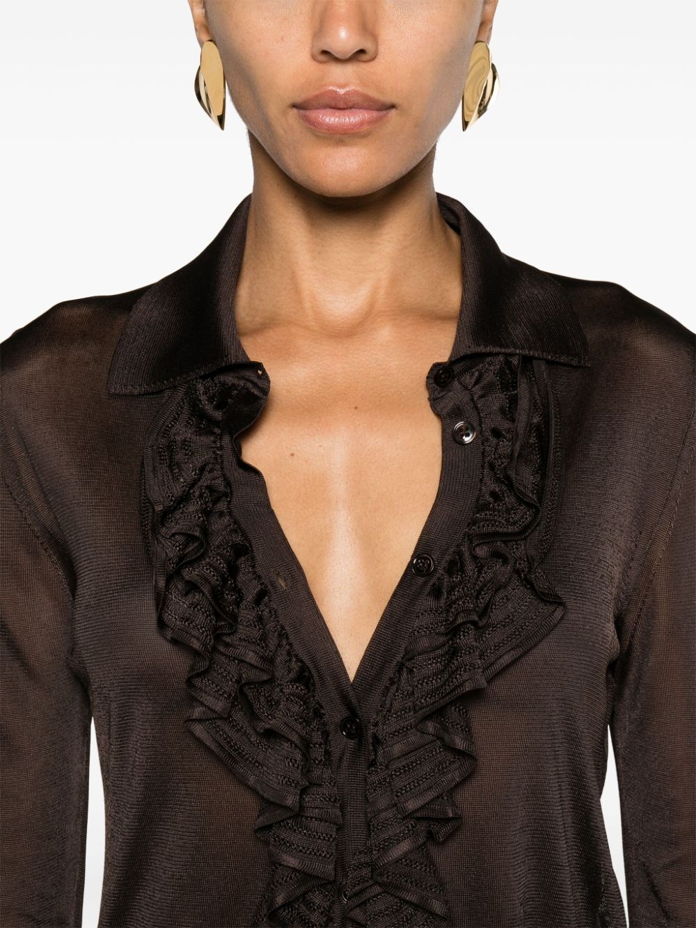 ruffled-trim semi-sheer shirt - 5