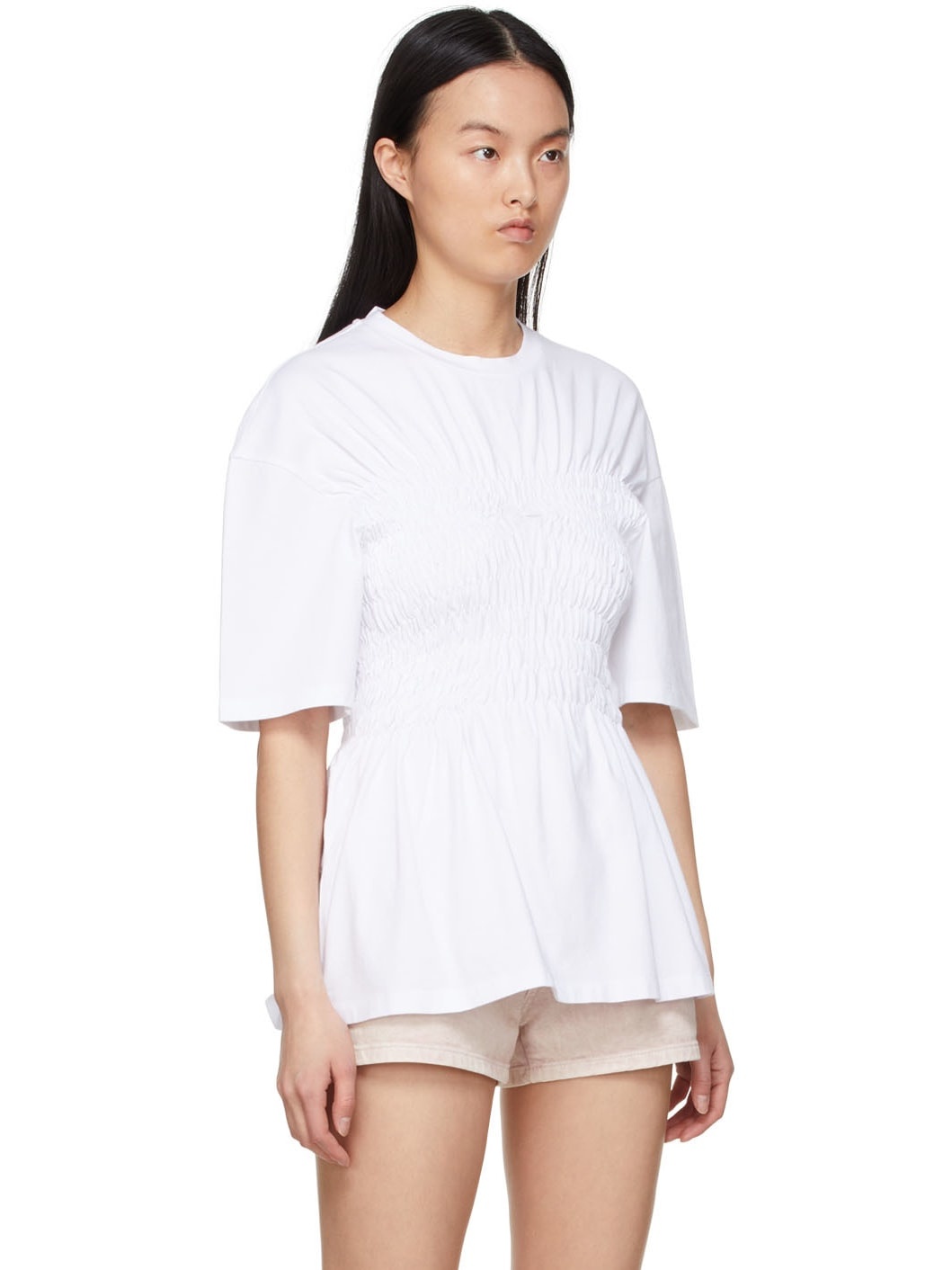 White Cotton Smocked T-Shirt - 2