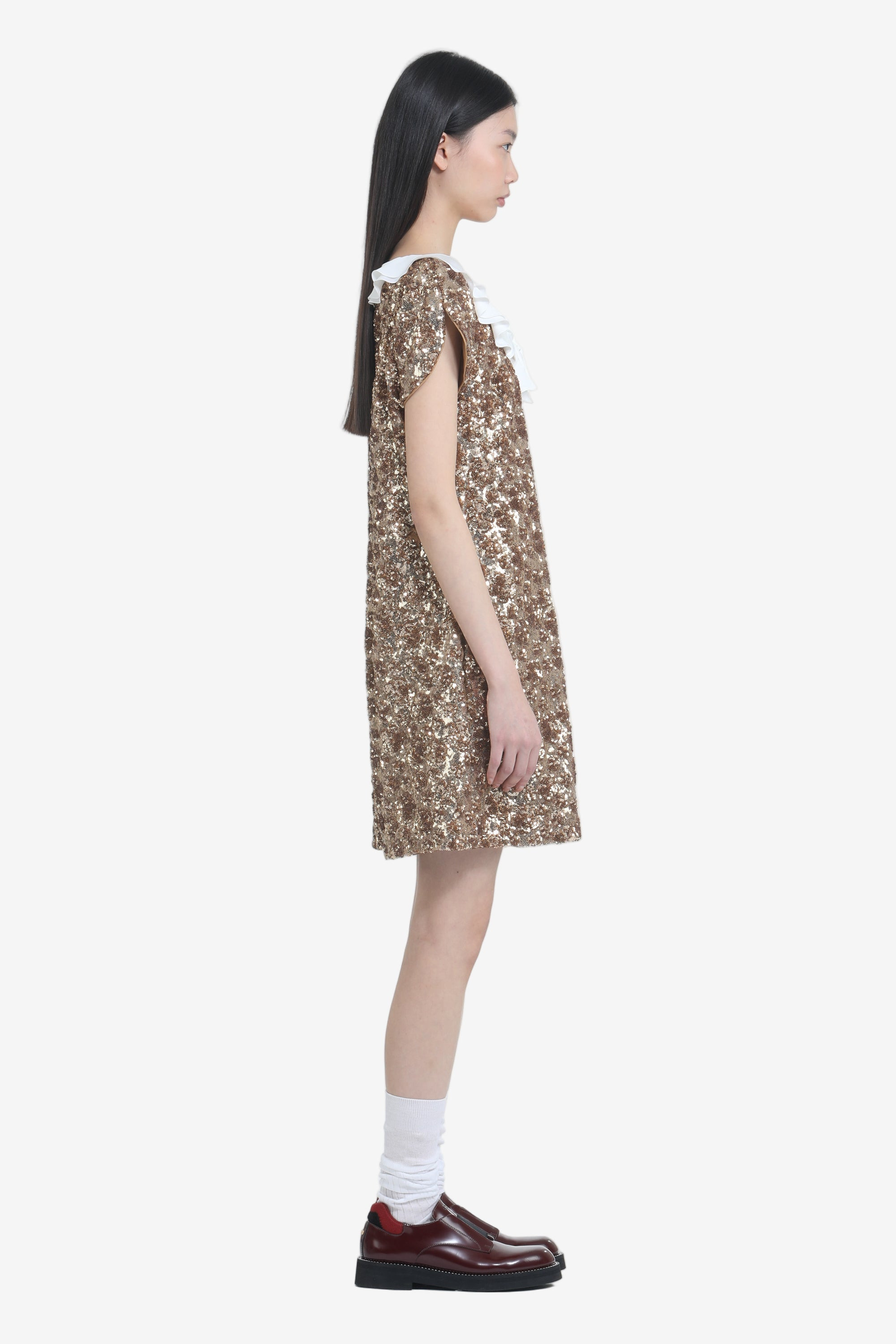 SHORT DRESS WITH GOLD EMBROIDERY AND RUFFLED COLLAR - 3