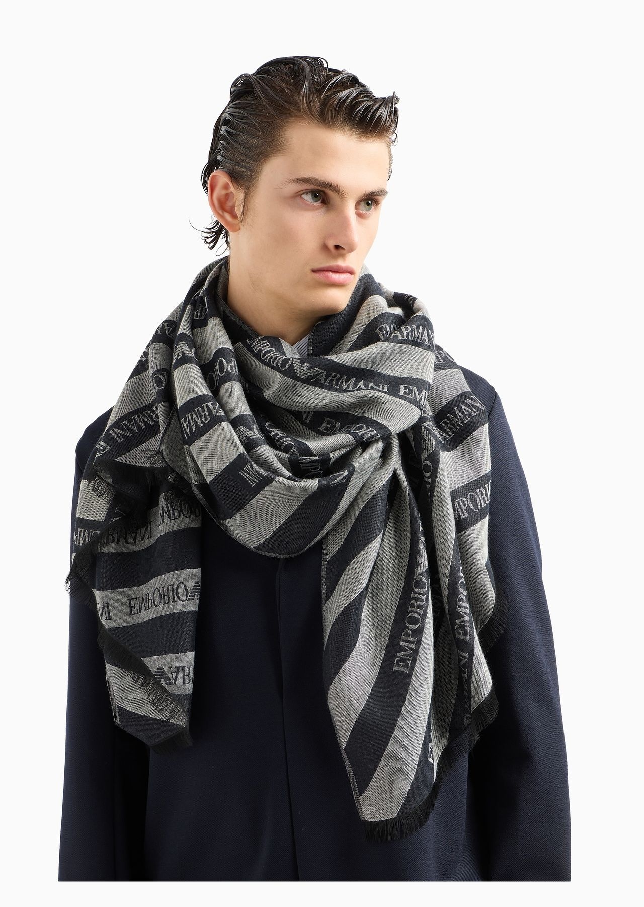 Jacquard modal-blend stole with diagonal logo motif - 3