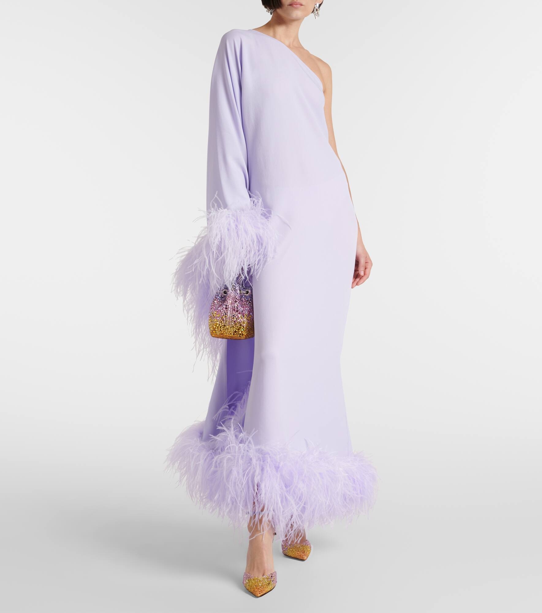 Balear feather-trimmed one-shoulder crêpe gown - 2