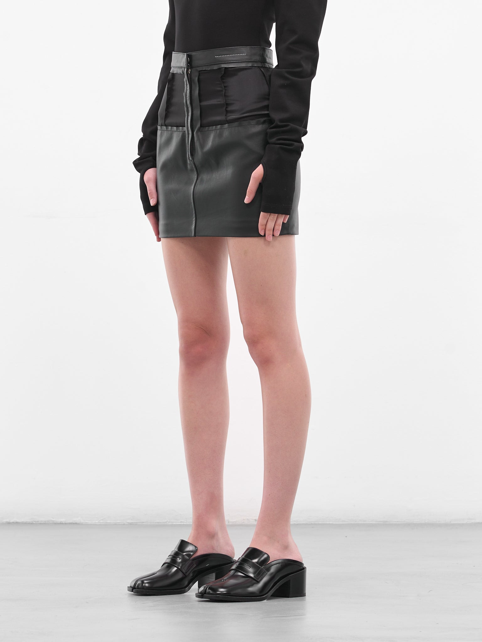 Black Leather Paneled Mini Skirt - 2