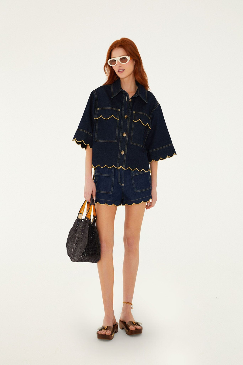 Dark Denim Pockets Wavy Hem Shorts 1
