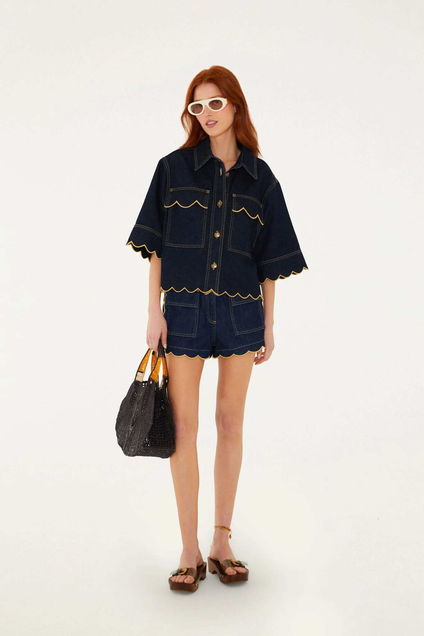 Dark Denim Pockets Wavy Hem Shorts - 1