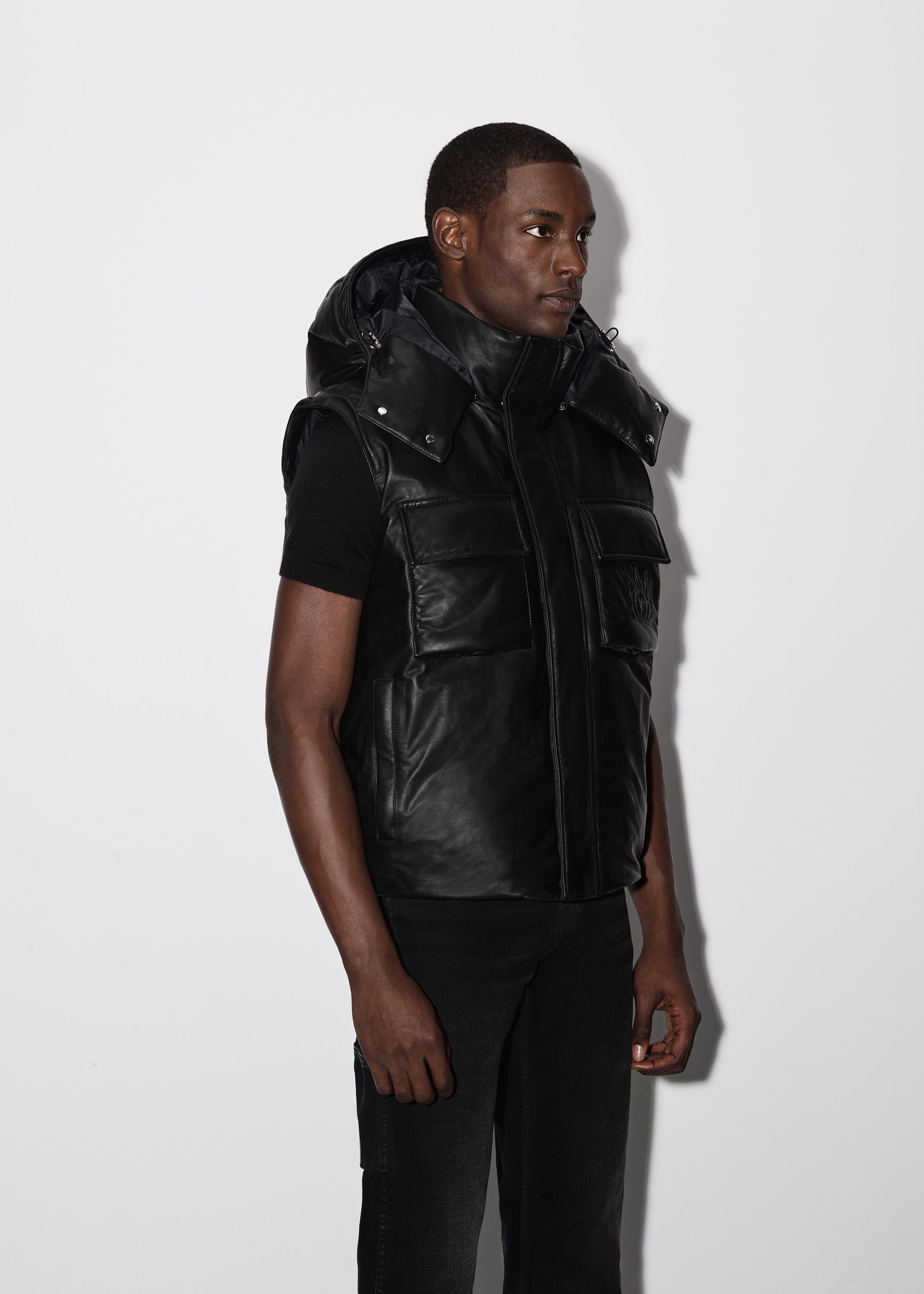 HOODED LEATHER DOWN GILET - 4