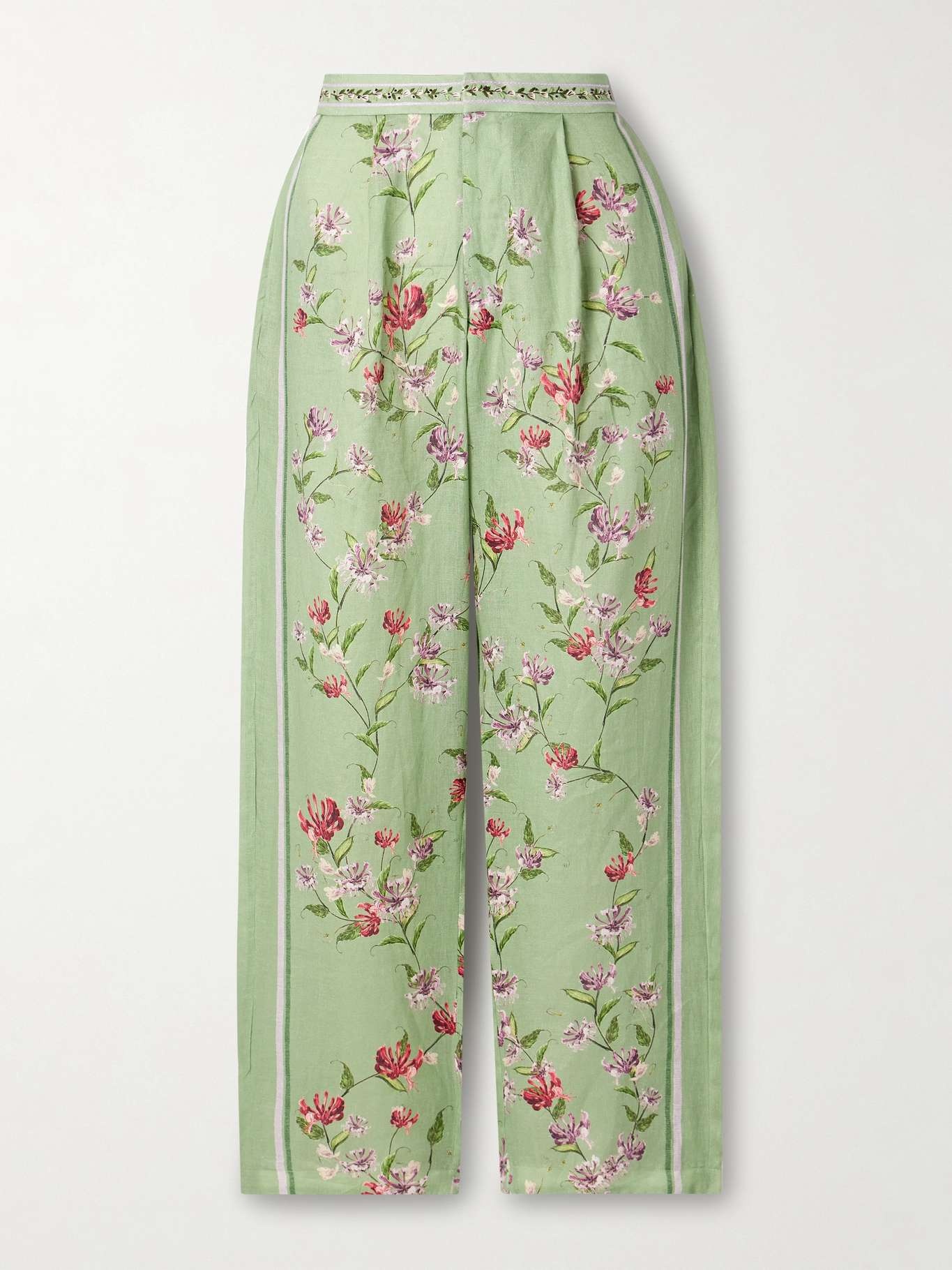 Florecer Honeysuckle pleated embroidered floral-print linen tapered pants Green - 1
