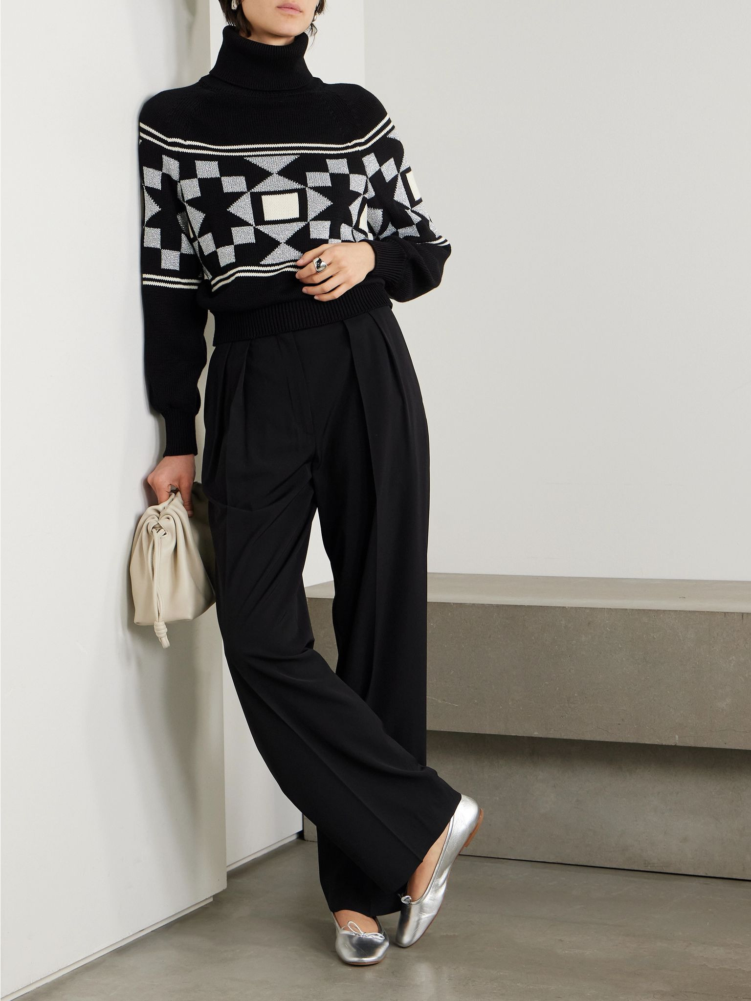 Lara intarsia-knit metallic cotton-blend turtleneck sweater Black - 2