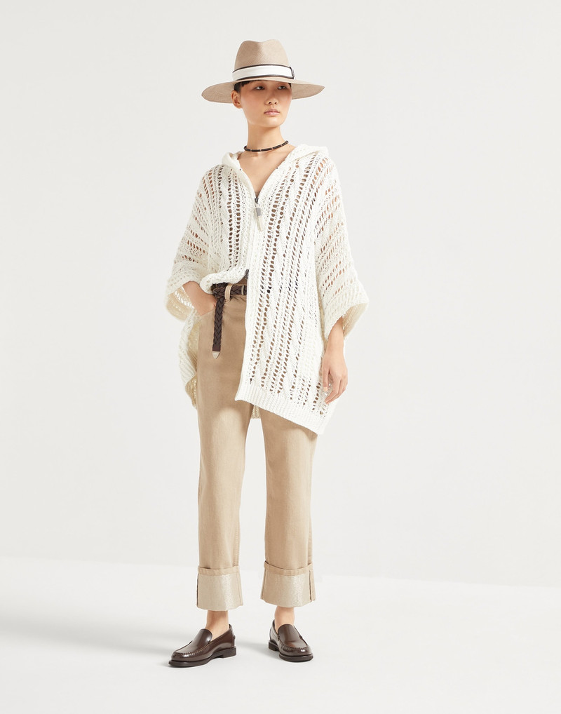 Jute and cotton cable & mesh hooded cardigan with shiny zipper pull 5