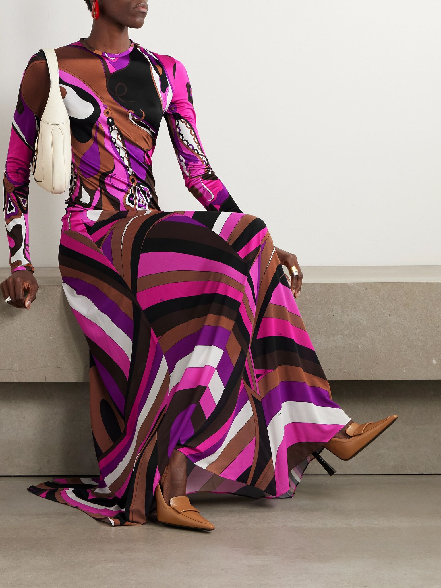 Pleated paneled printed satin-jersey and stretch-mesh maxi dress Pink - 2