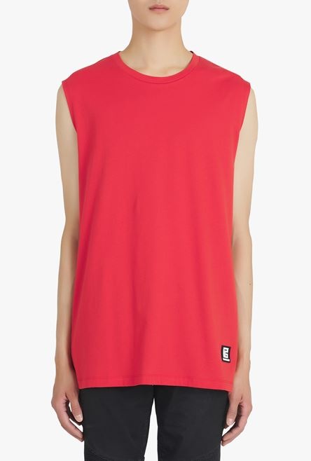 Red eco-designed cotton T-shirt with white Balmain logo print - 5