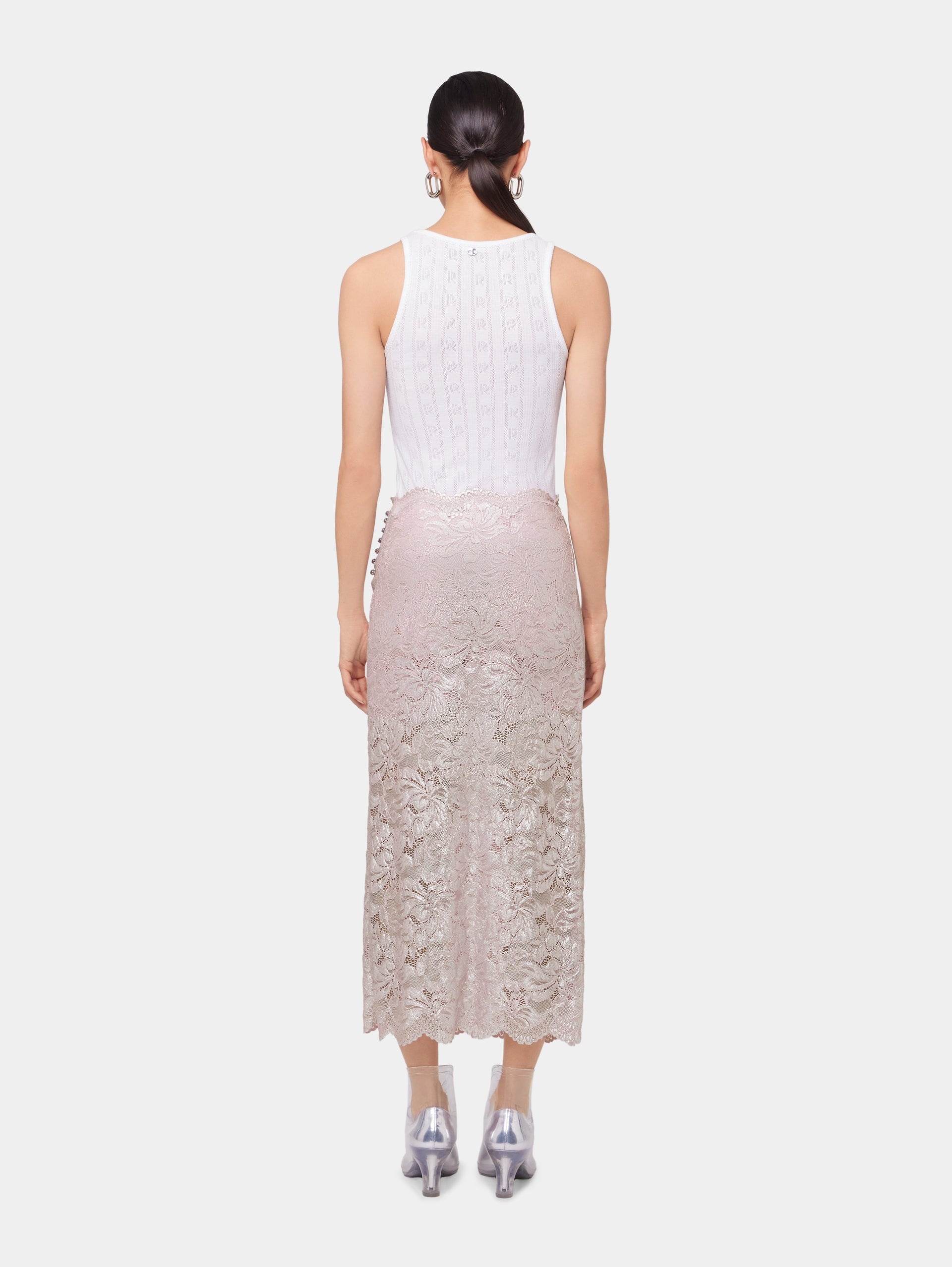 LIGHT PINK LONG SKIRT IN LACE WITH SILVER INDUCTION - 3