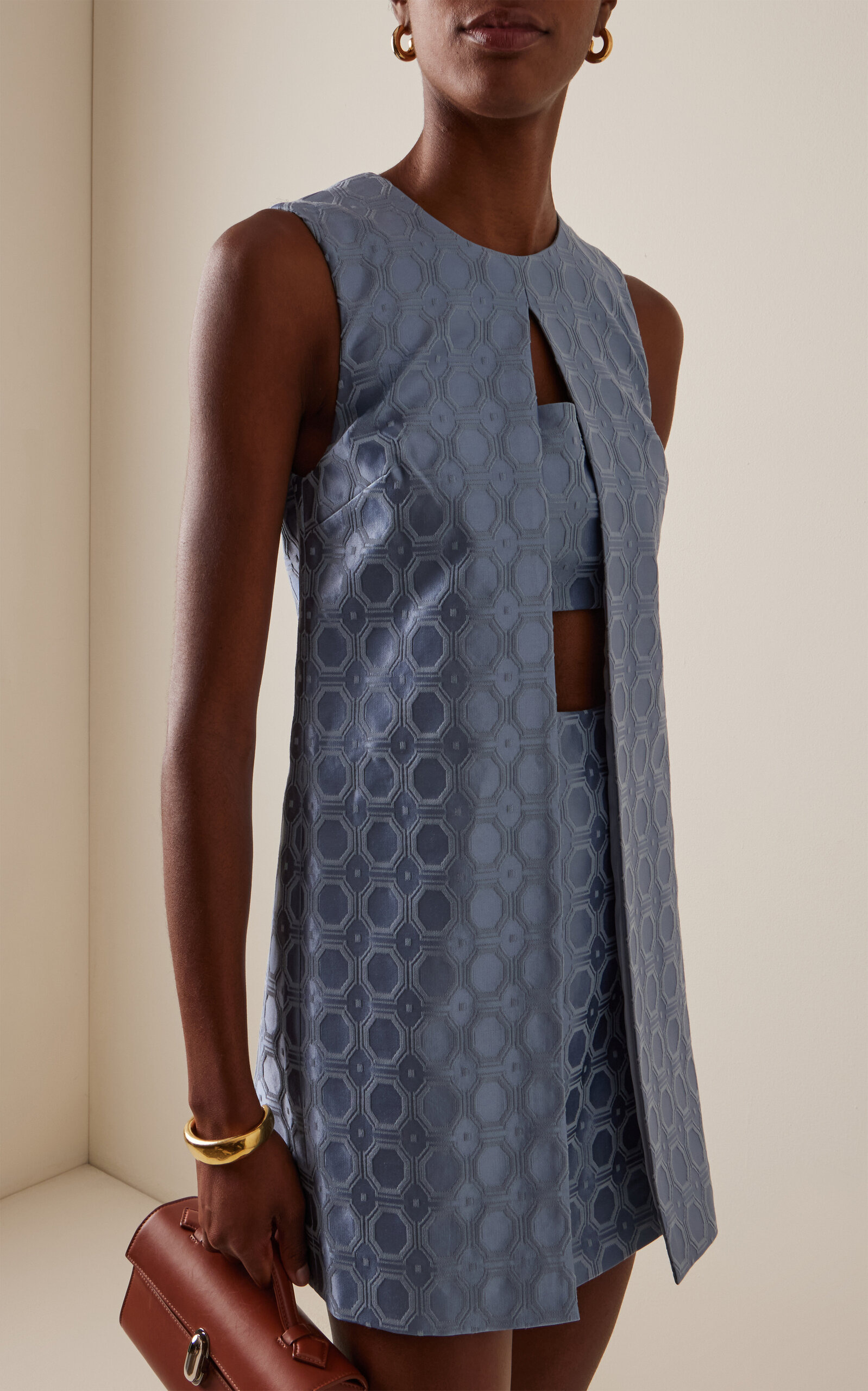 Asha Layered Cutout Jacquard Cotton-Blend Mini Dress blue - 3