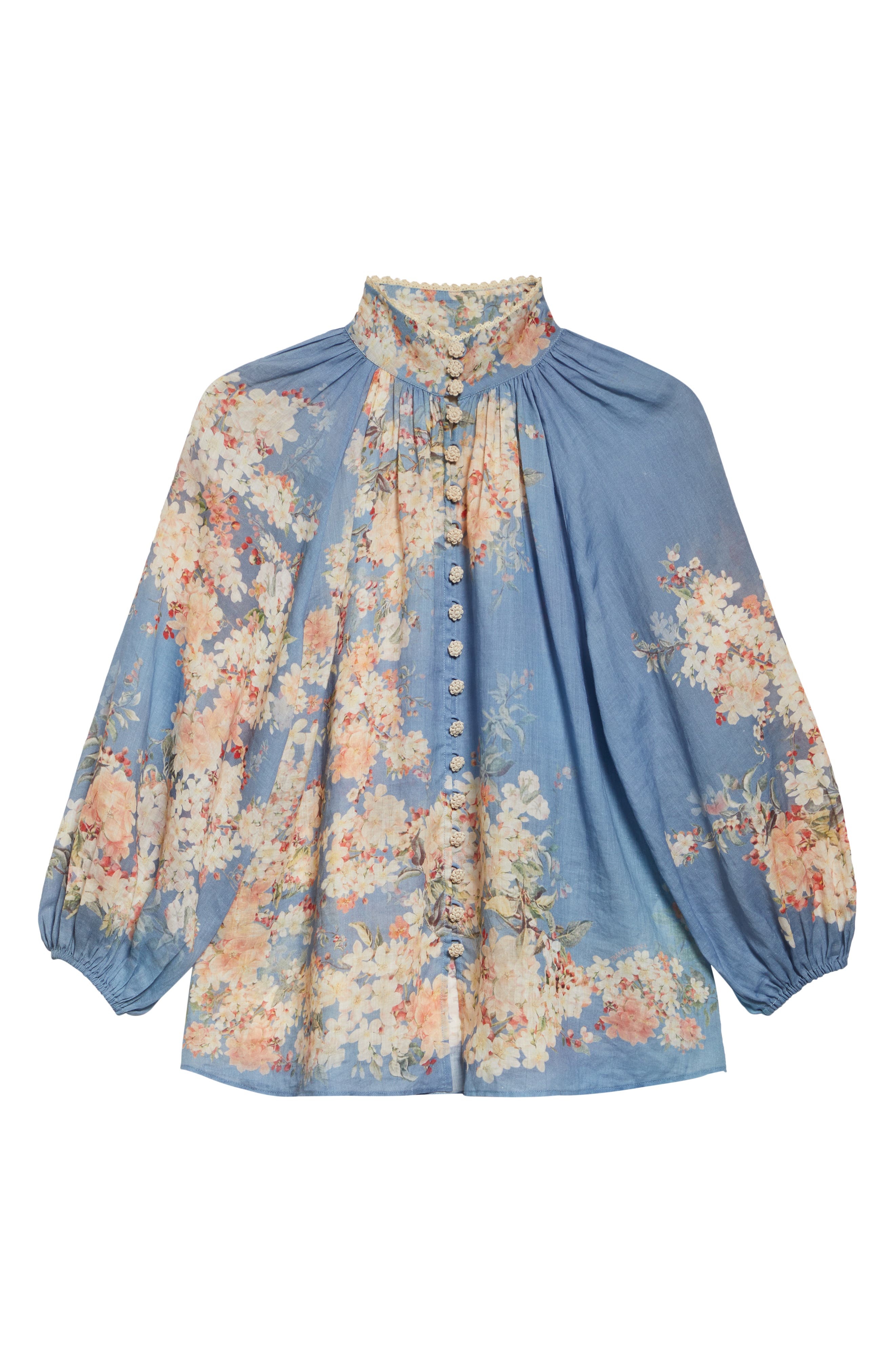 Zimmermann Cascadian Billow Linen Button-Up Shirt in Blue Botanical Floral at Nordstrom - 6