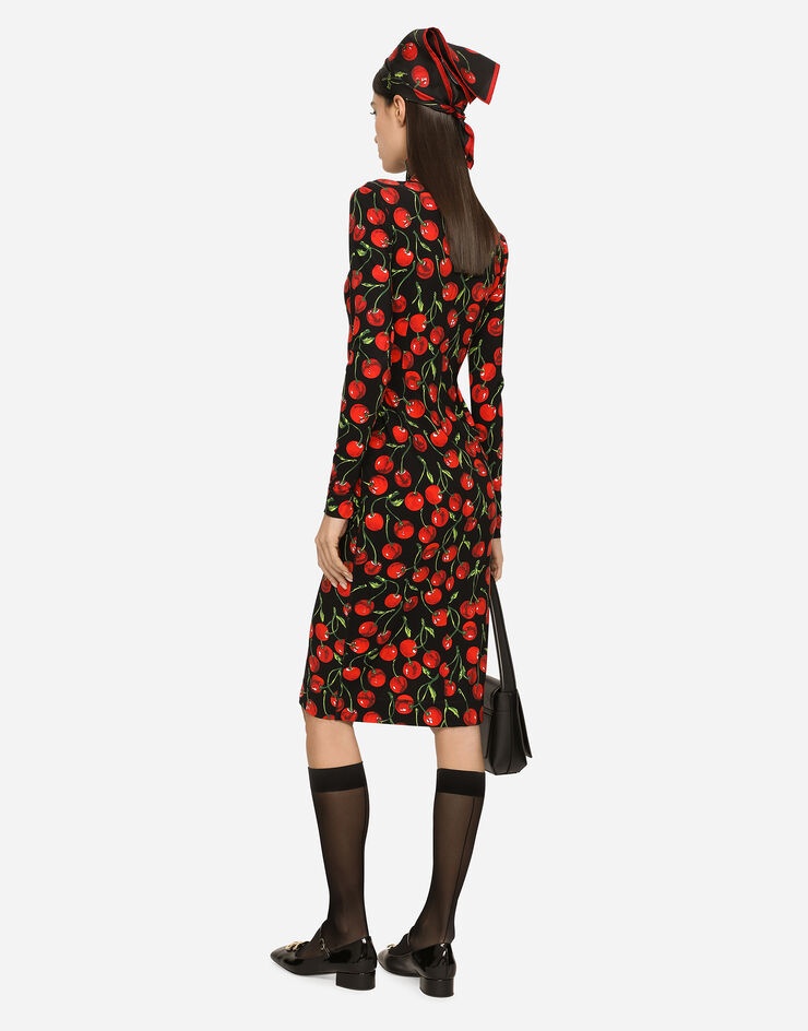 Long-sleeved jersey midi dress with cherry print - 3