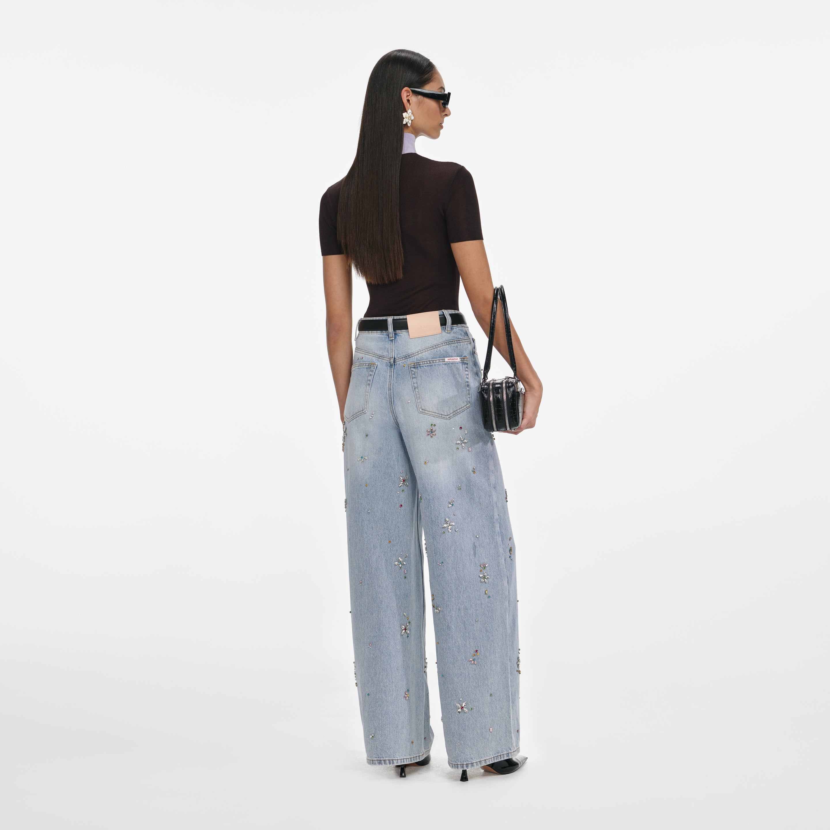 Light Blue Embellished Wide Leg Jeans - 3