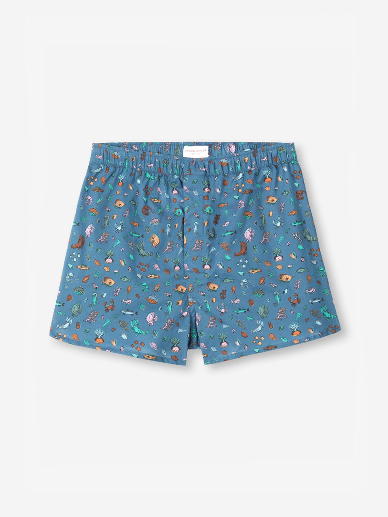 Derek Rose Men's Modern Fit Boxers Cotton Batiste Blue Sea Friends Print outlook