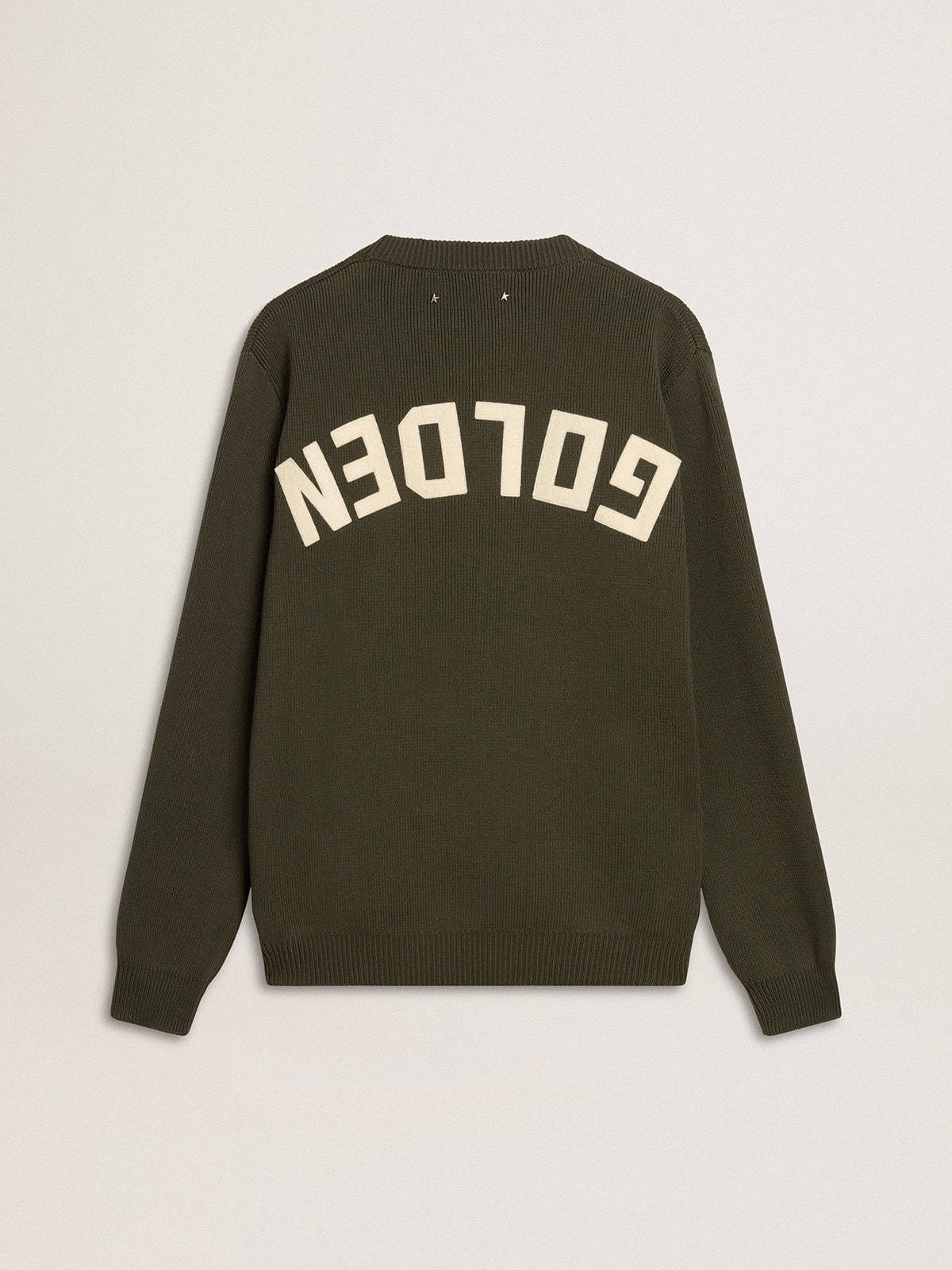 Men's military green crew neck sweater with 'Golden' lettering on the back - 2