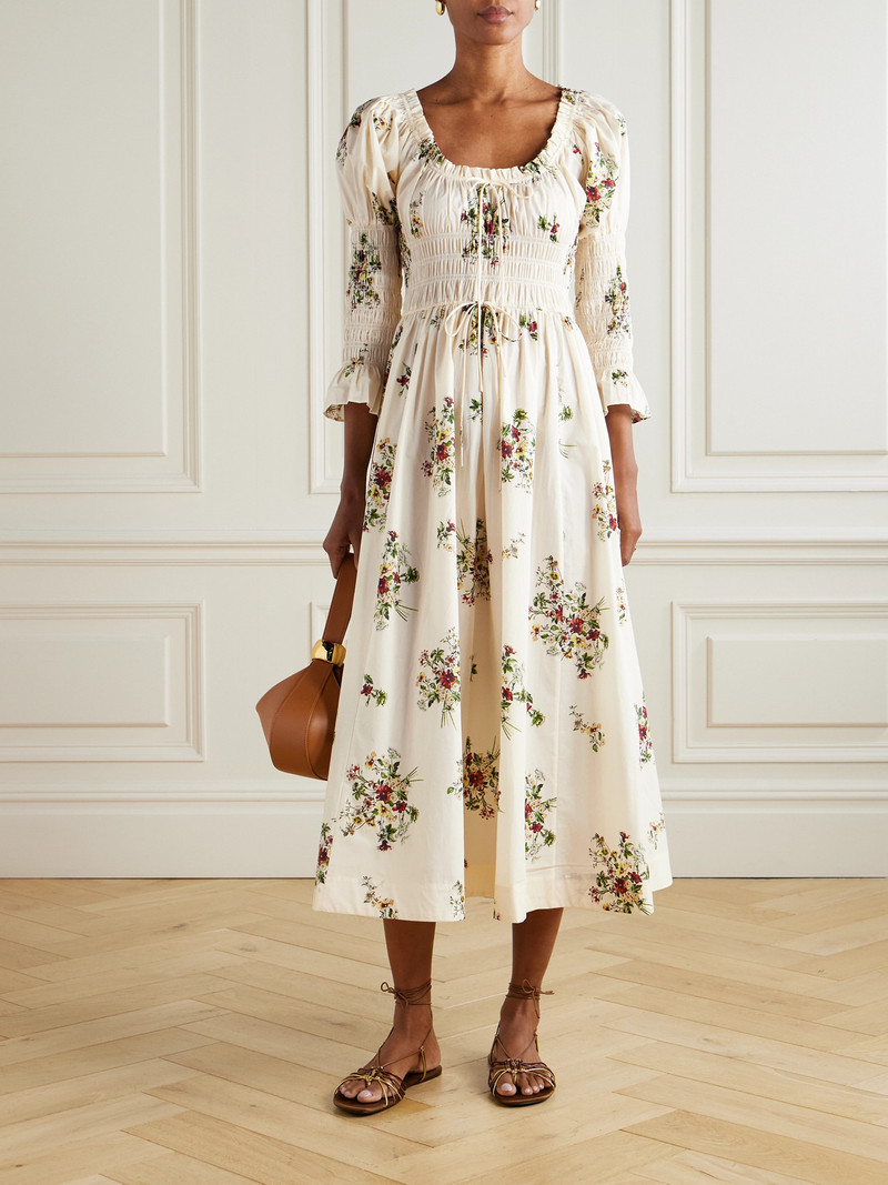 DÔEN Kaira Shirred Floral-print Organic Cotton-poplin Midi Dress outlook