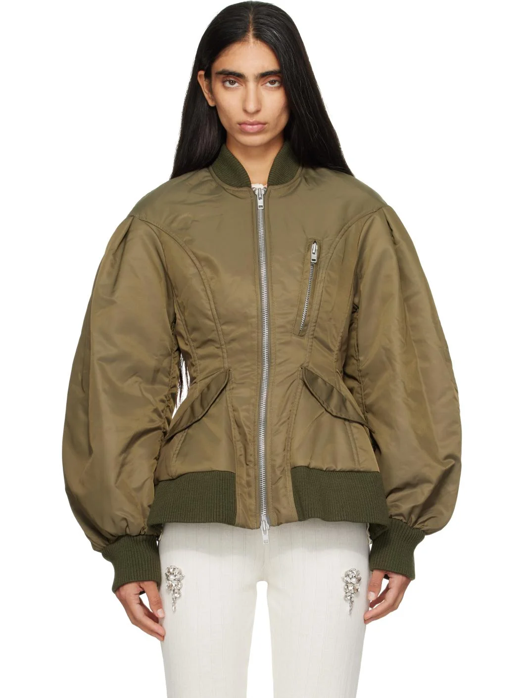 Green Padded Sculpted Bomber Jacket - 1