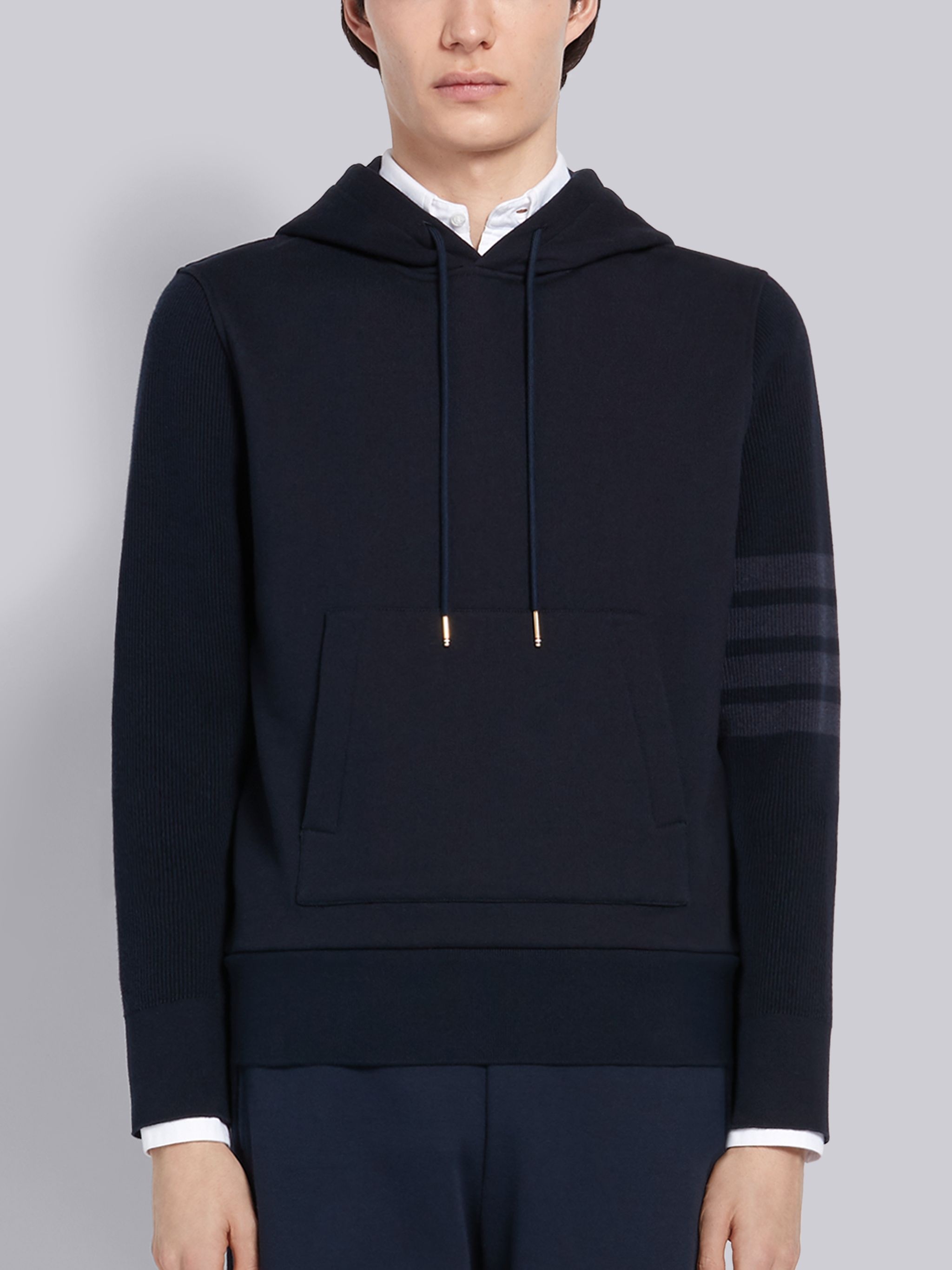 Navy Classic Loopback Ribbed Sleeves 4-Bar Pullover Hoodie - 1