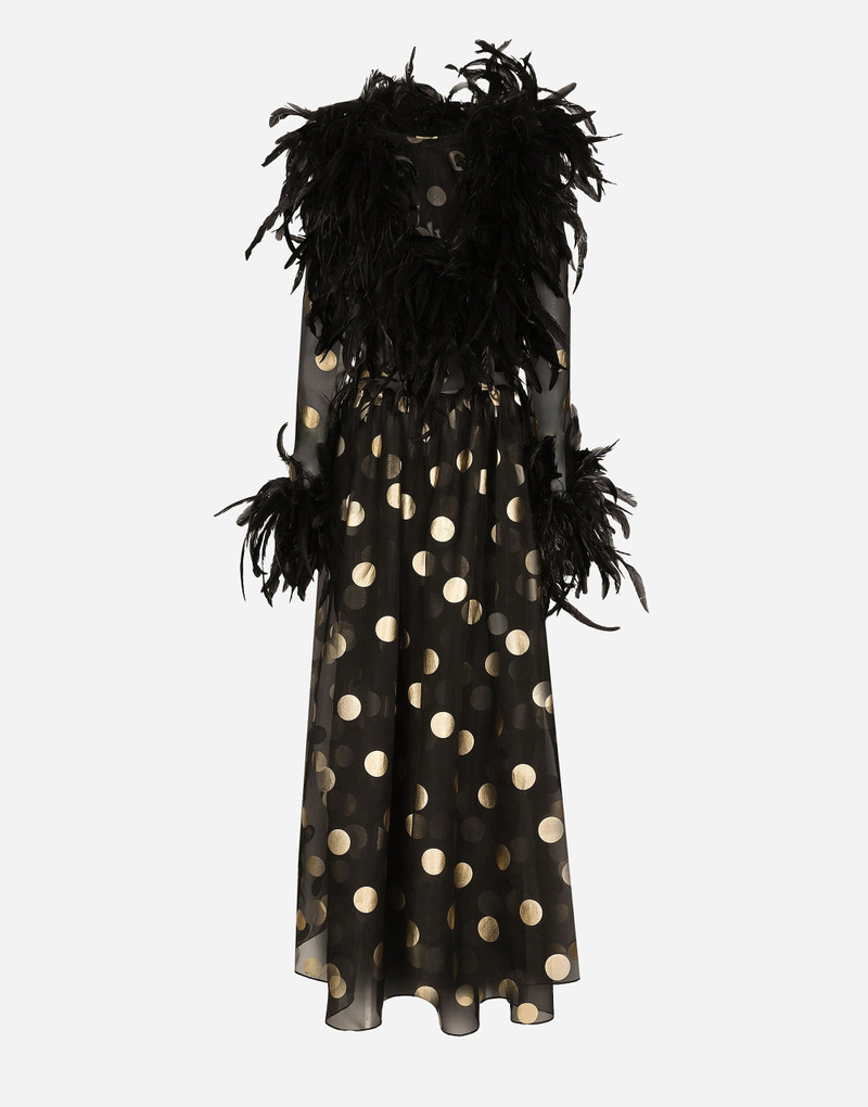 Dolce & Gabbana Long polka-dot silk organza dress with feathered details outlook