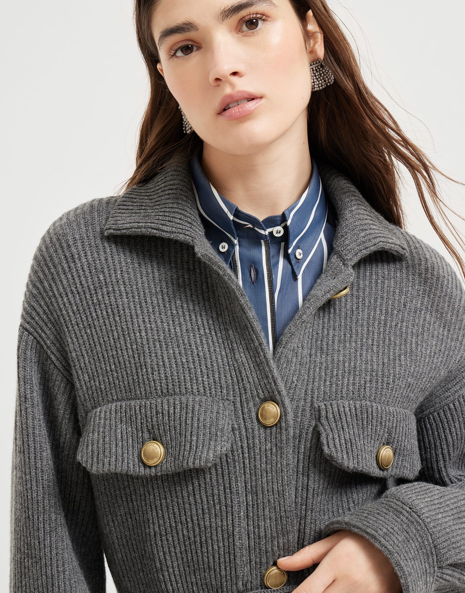 Virgin wool, cashmere and silk English rib belted cardigan with metal buttons - 3
