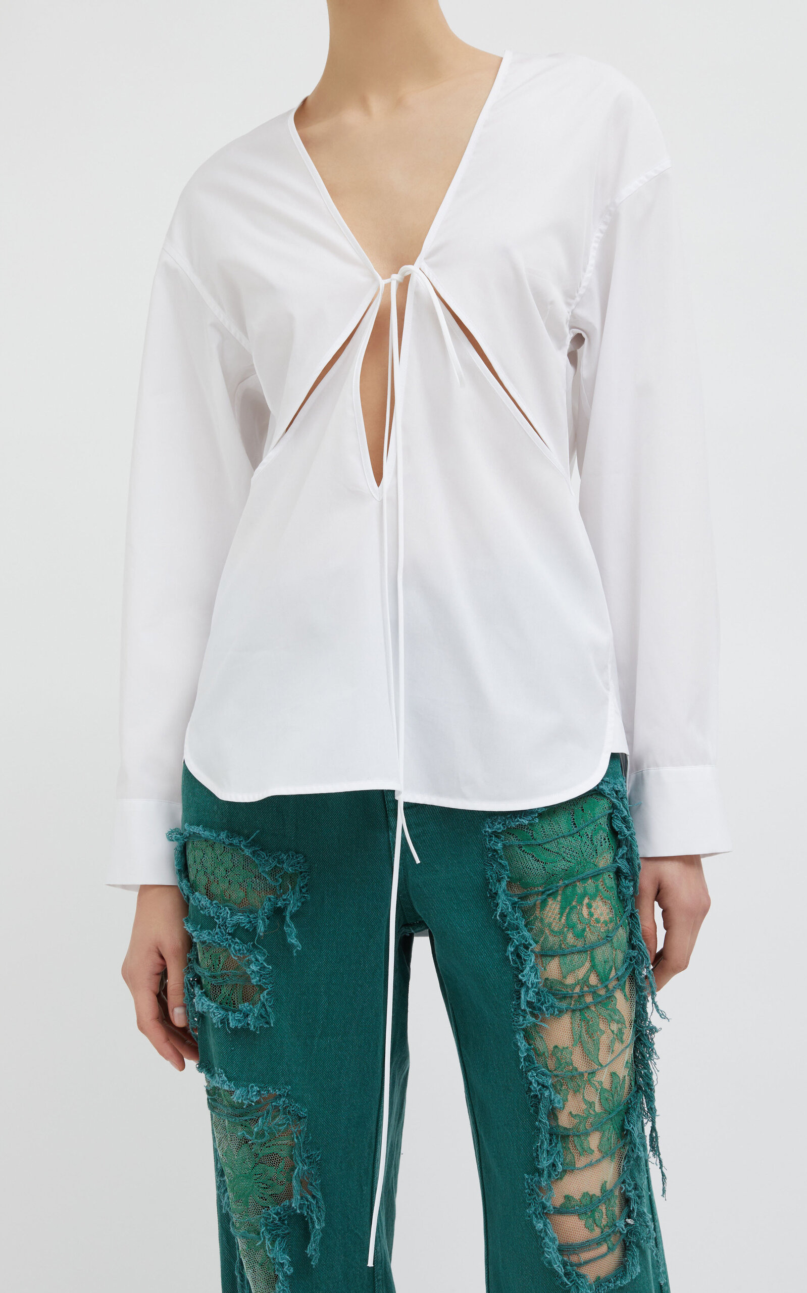 Arboreal Lace-Detailed Distressed Stretch Jeans green - 5