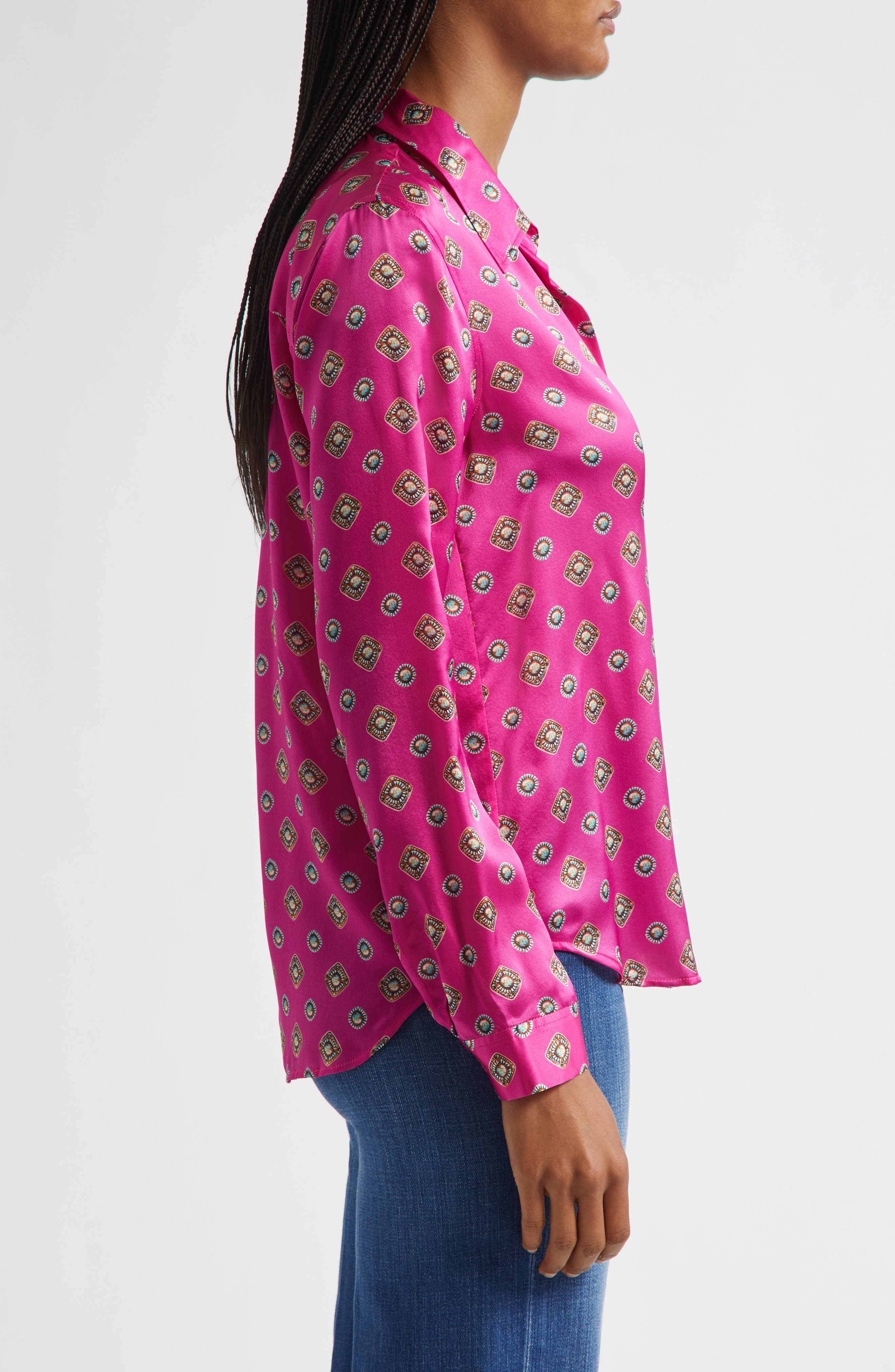 L'AGENCE Tyler Geometric Turquoise Print Silk Button-Up Shirt in Fuchsia/Turquoise Geometric at Nord - 3