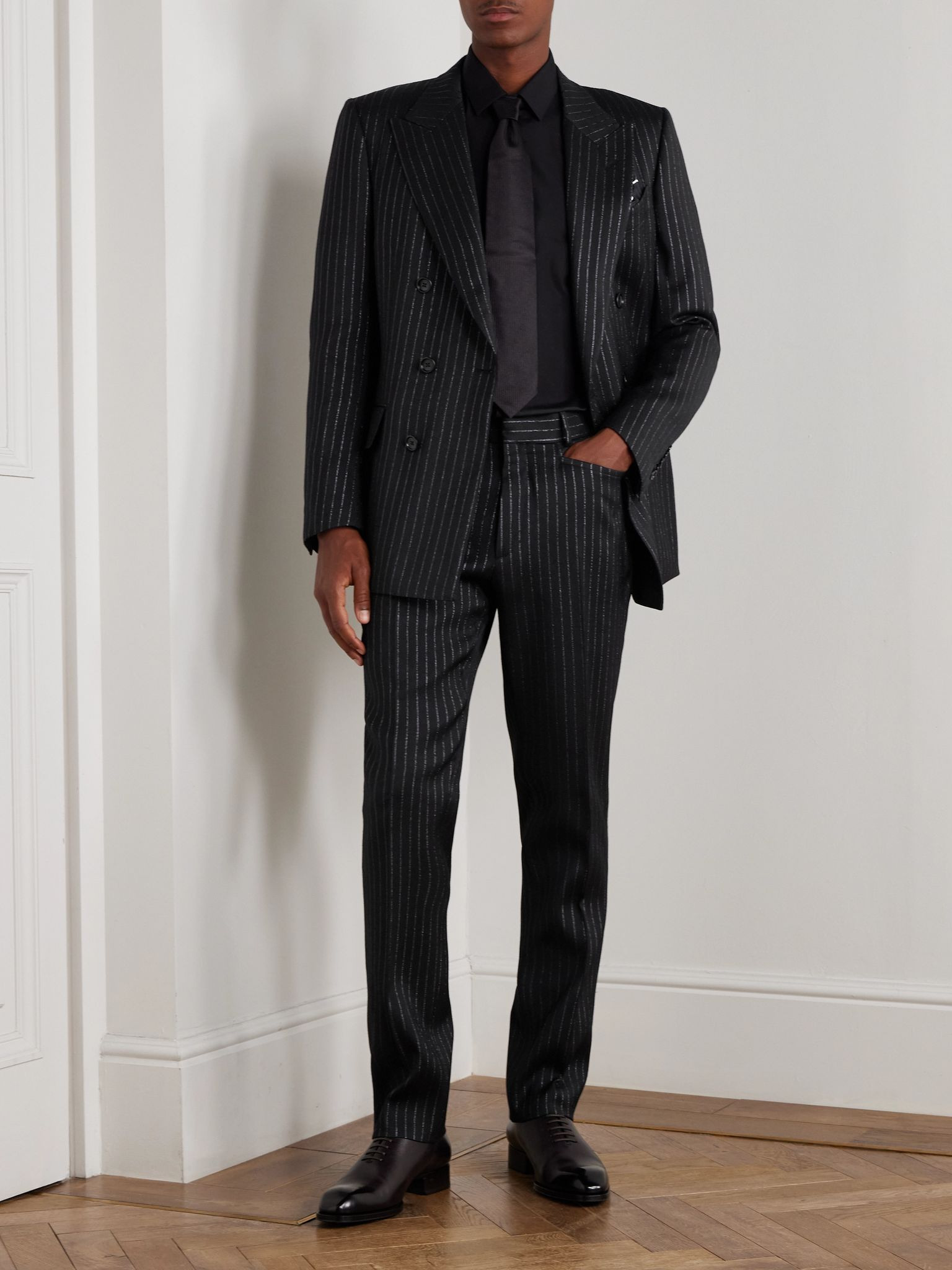 Dyllan Double-Breasted Striped Metallic Wool and Silk-Blend Suit Jacket Black - 2