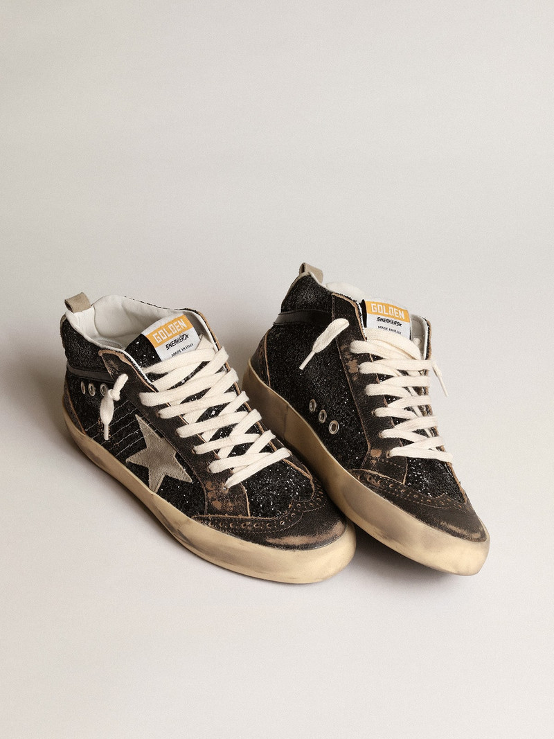 Golden Goose Mid Star in black glitter with dove-gray suede star and heel tab outlook